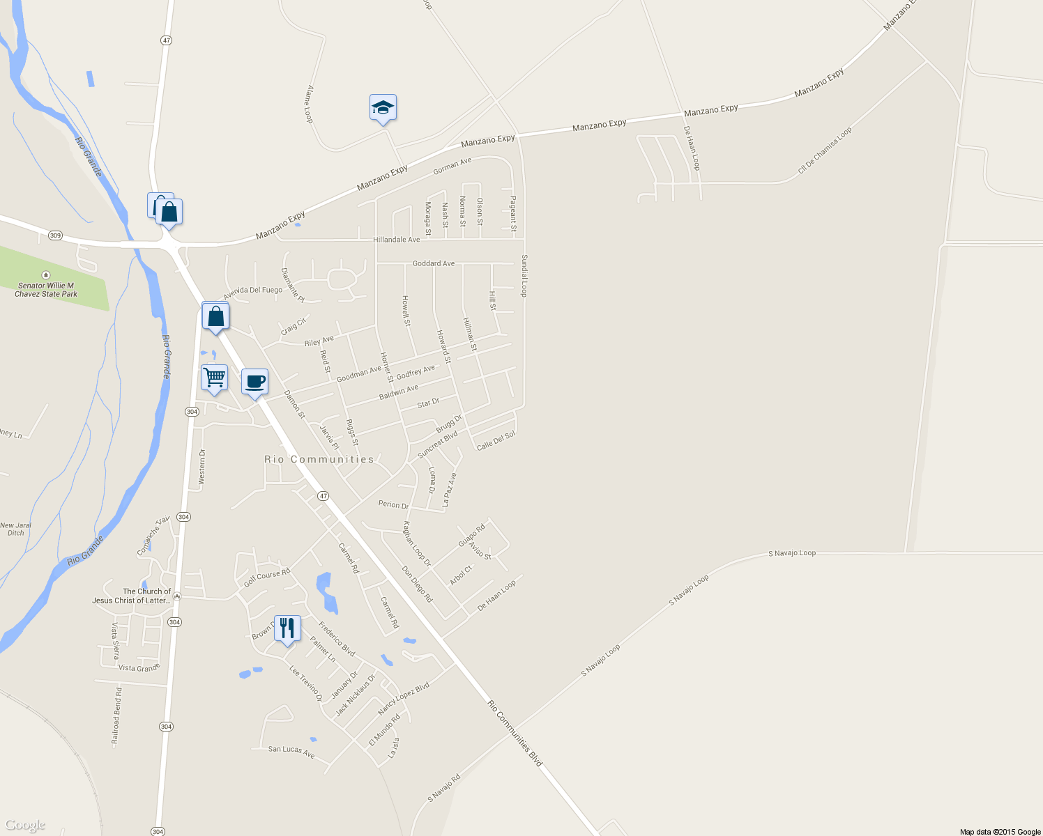 map of restaurants, bars, coffee shops, grocery stores, and more near 438 Calle Del Sol in Belen