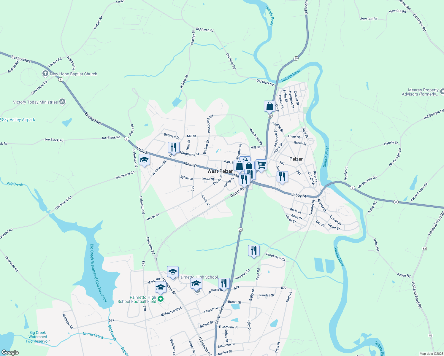 map of restaurants, bars, coffee shops, grocery stores, and more near 1 Dendy Street in Pelzer
