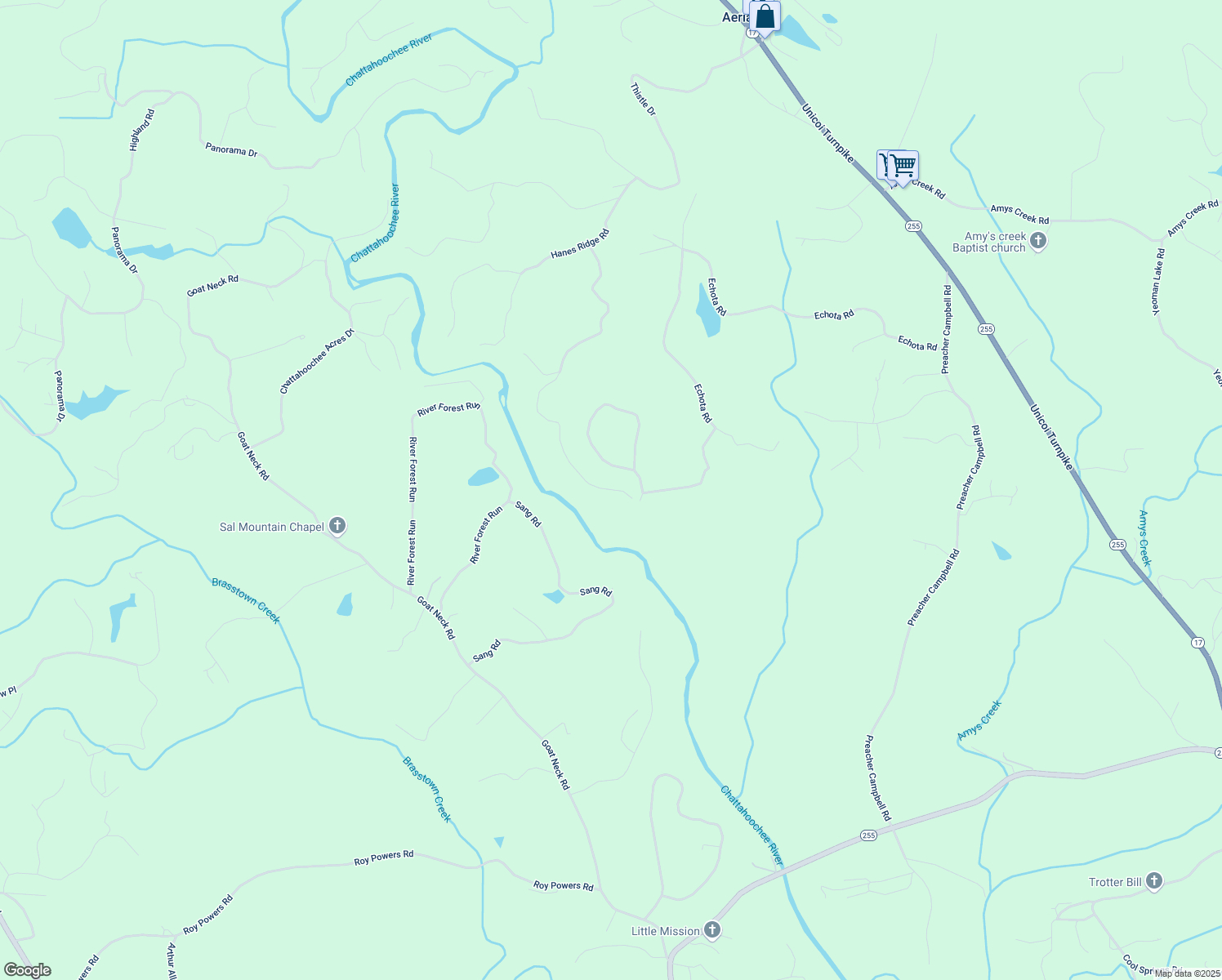 map of restaurants, bars, coffee shops, grocery stores, and more near 381 Chattahoochee Glen Road in Clarkesville