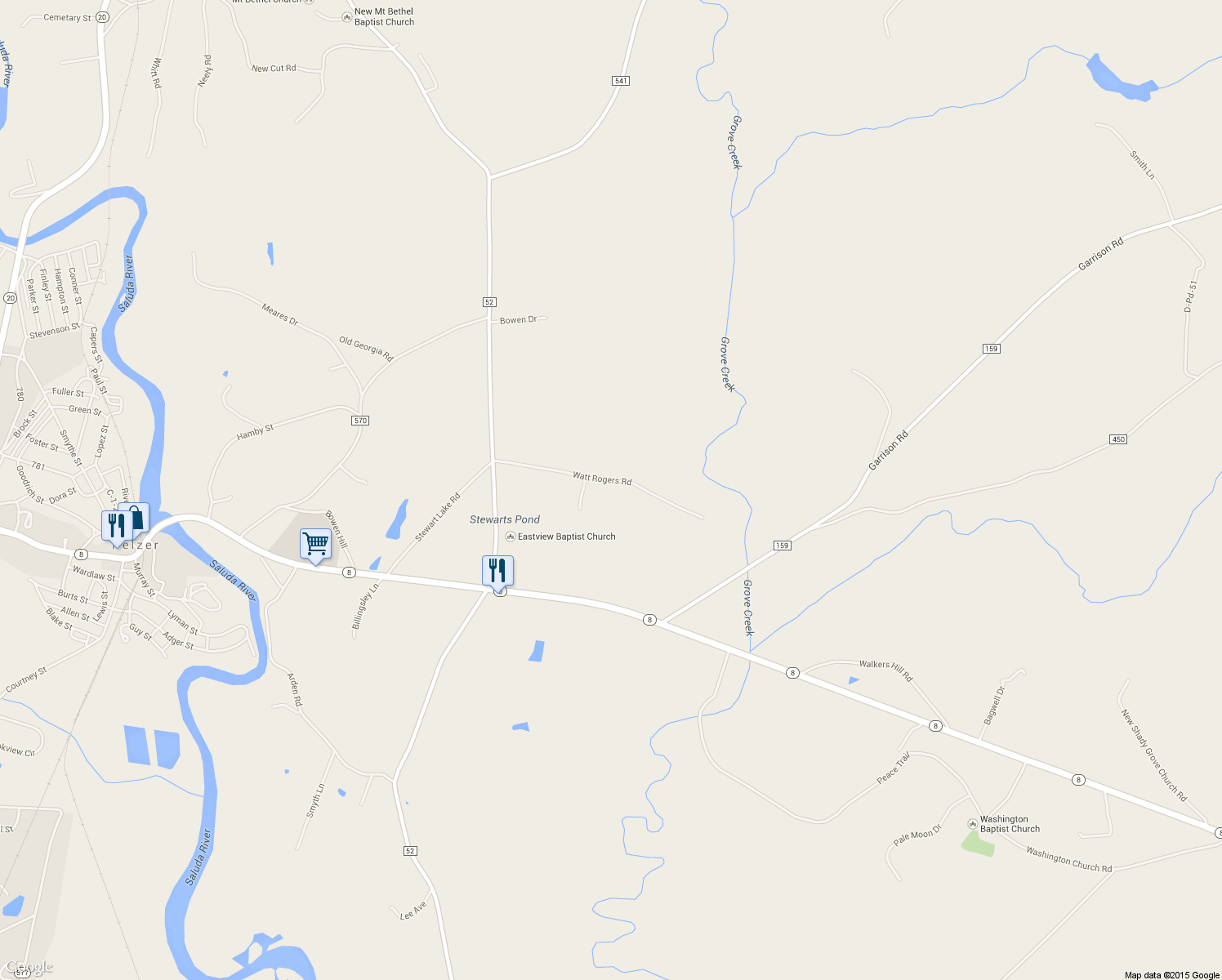 map of restaurants, bars, coffee shops, grocery stores, and more near 123 Watt Rogers Road in Pelzer