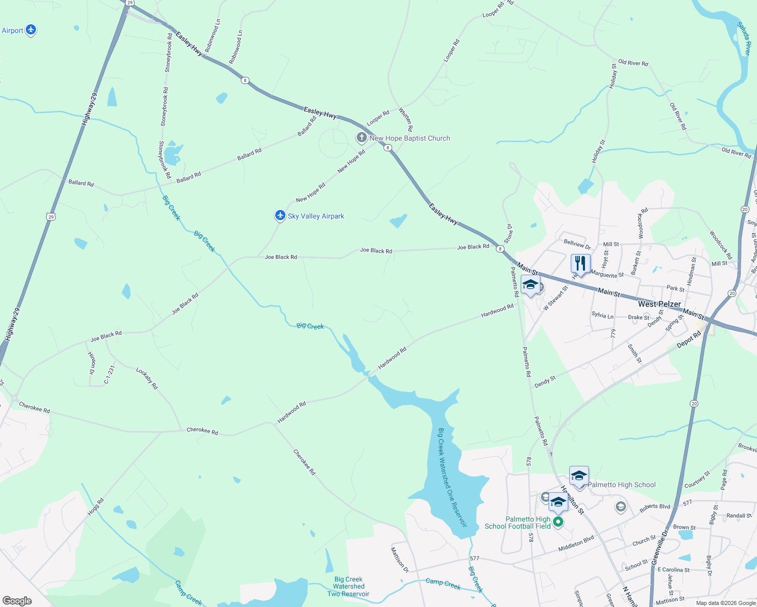 map of restaurants, bars, coffee shops, grocery stores, and more near 116 Jena Leigh Drive in Pelzer
