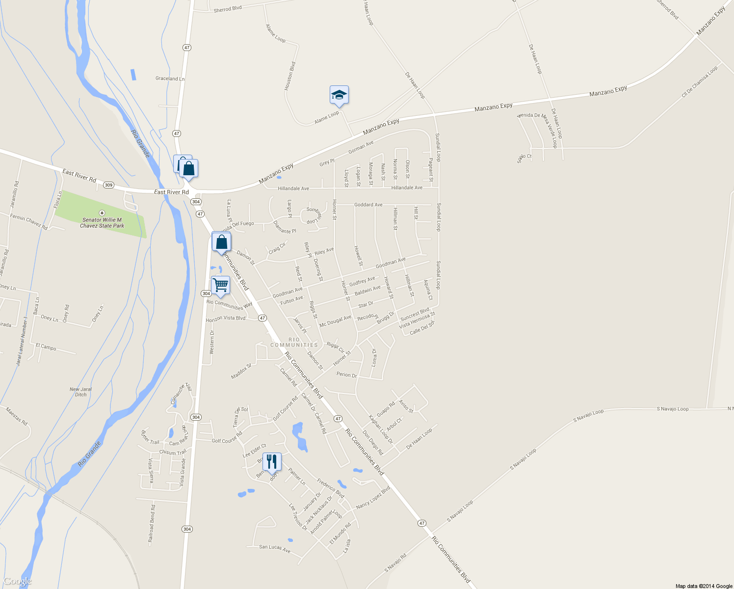 map of restaurants, bars, coffee shops, grocery stores, and more near 307 Baldwin Ave in Belen