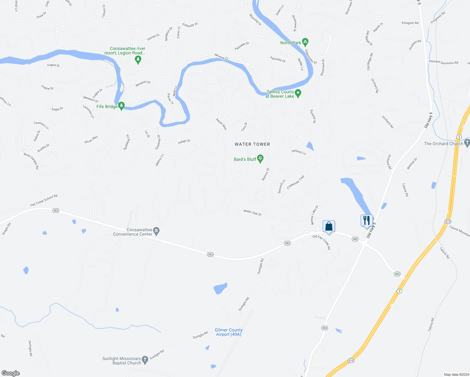 map of restaurants, bars, coffee shops, grocery stores, and more near 39 Rivoli Court in Ellijay