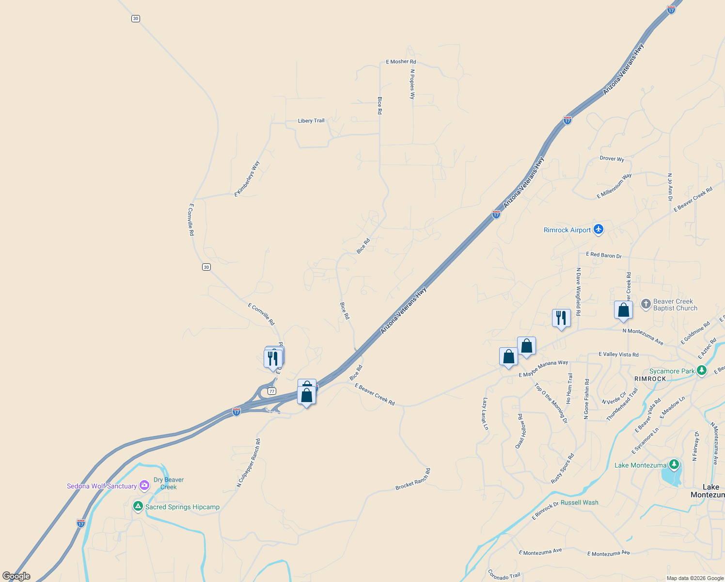 map of restaurants, bars, coffee shops, grocery stores, and more near 2405 Dairy Rd in Lake Montezuma