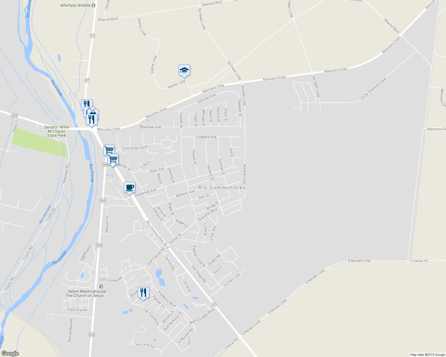 map of restaurants, bars, coffee shops, grocery stores, and more near 413 Godfrey Avenue in Belen