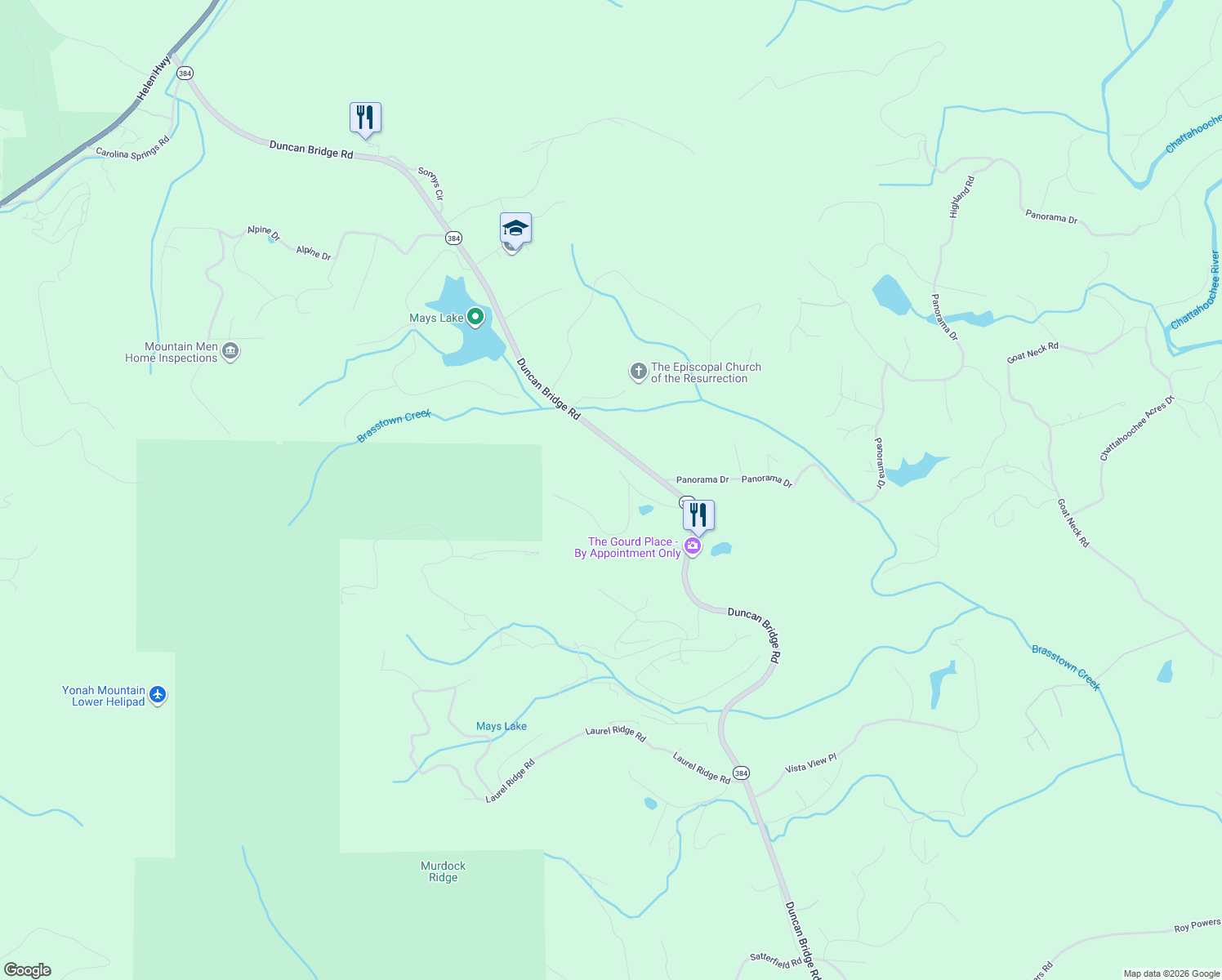 map of restaurants, bars, coffee shops, grocery stores, and more near 202 Chalet Drive in Sautee Nacoochee