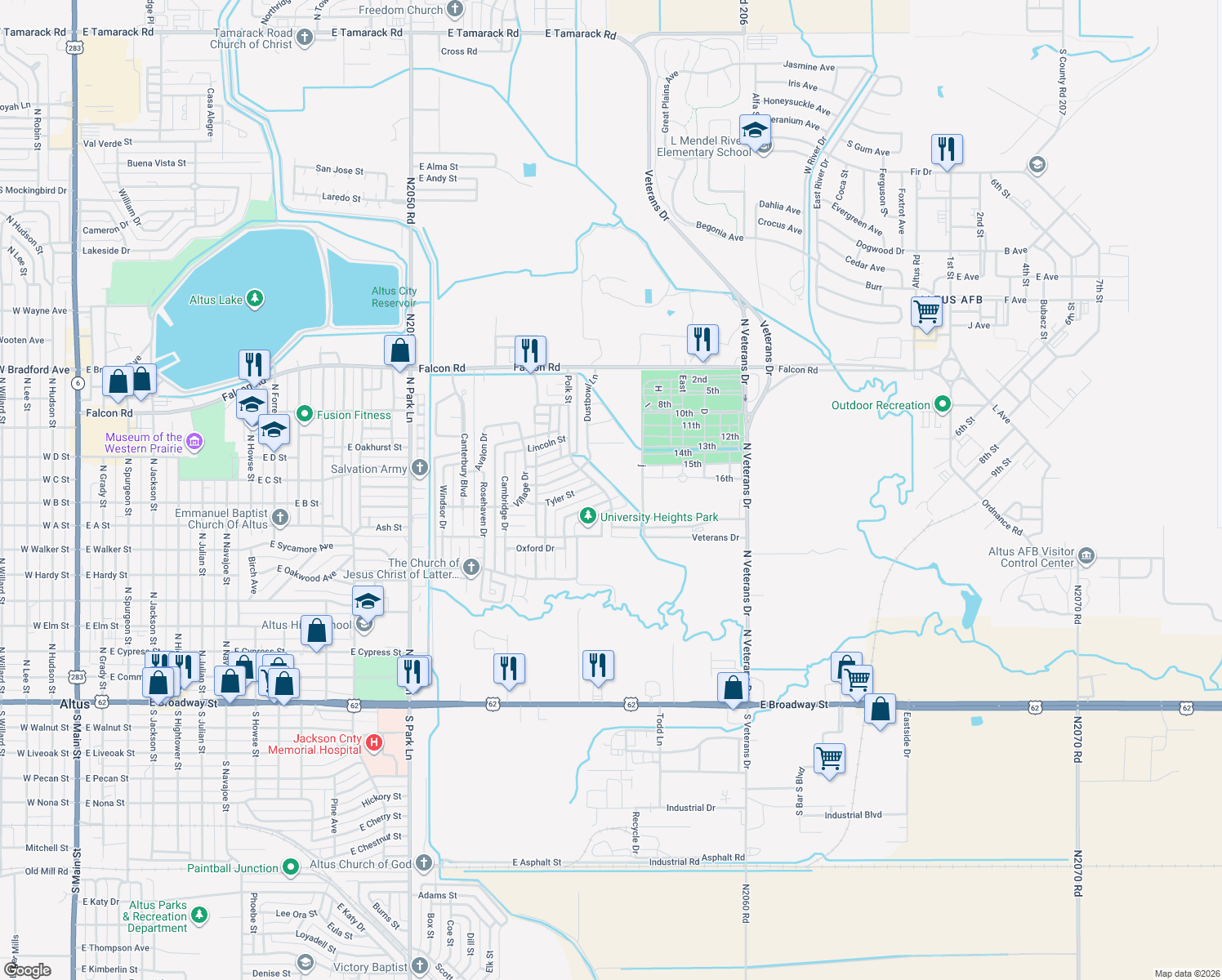 map of restaurants, bars, coffee shops, grocery stores, and more near 906 Polk St in Altus
