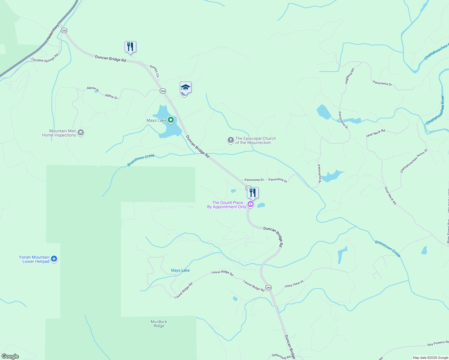 map of restaurants, bars, coffee shops, grocery stores, and more near 202 Chalet Drive in Sautee Nacoochee