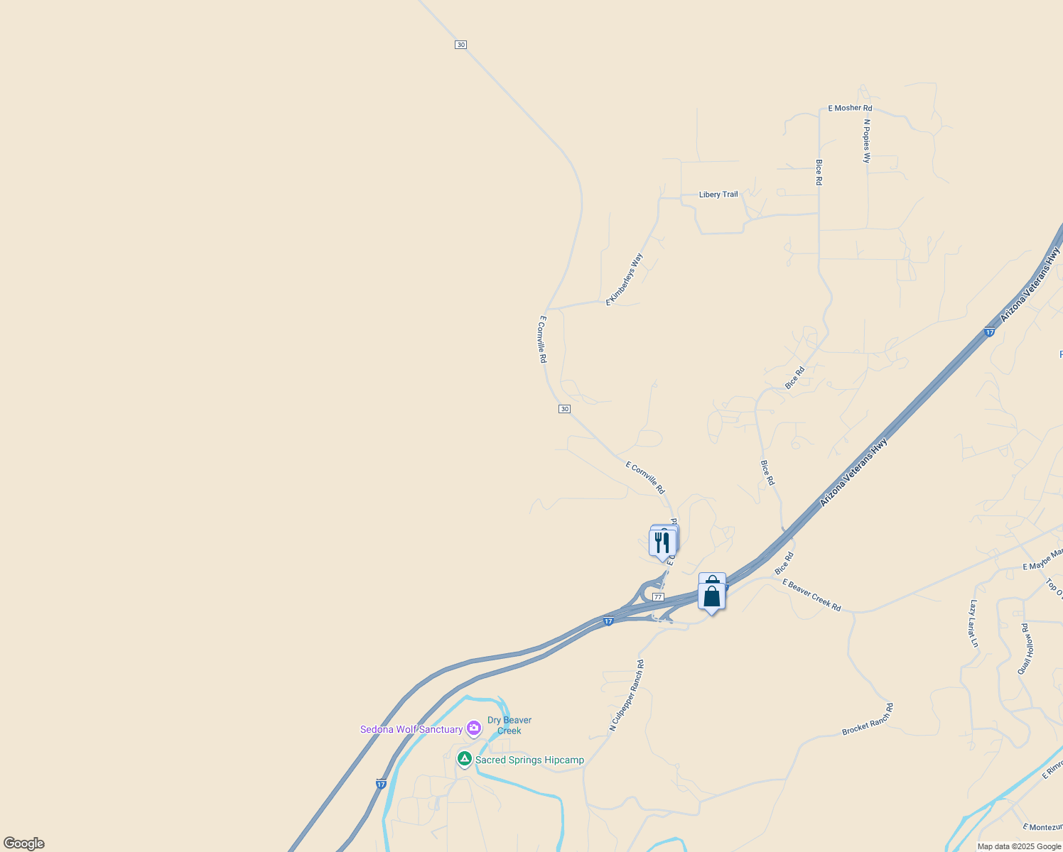 map of restaurants, bars, coffee shops, grocery stores, and more near 1711 East Cornville Road in Lake Montezuma