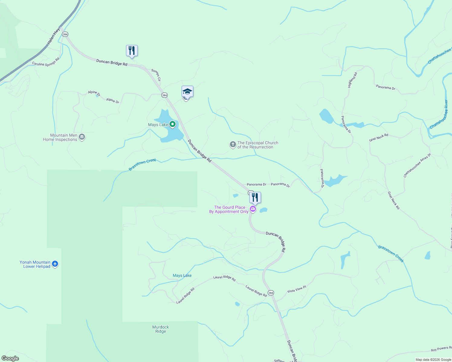 map of restaurants, bars, coffee shops, grocery stores, and more near 1832 Duncan Bridge Road in Sautee Nacoochee