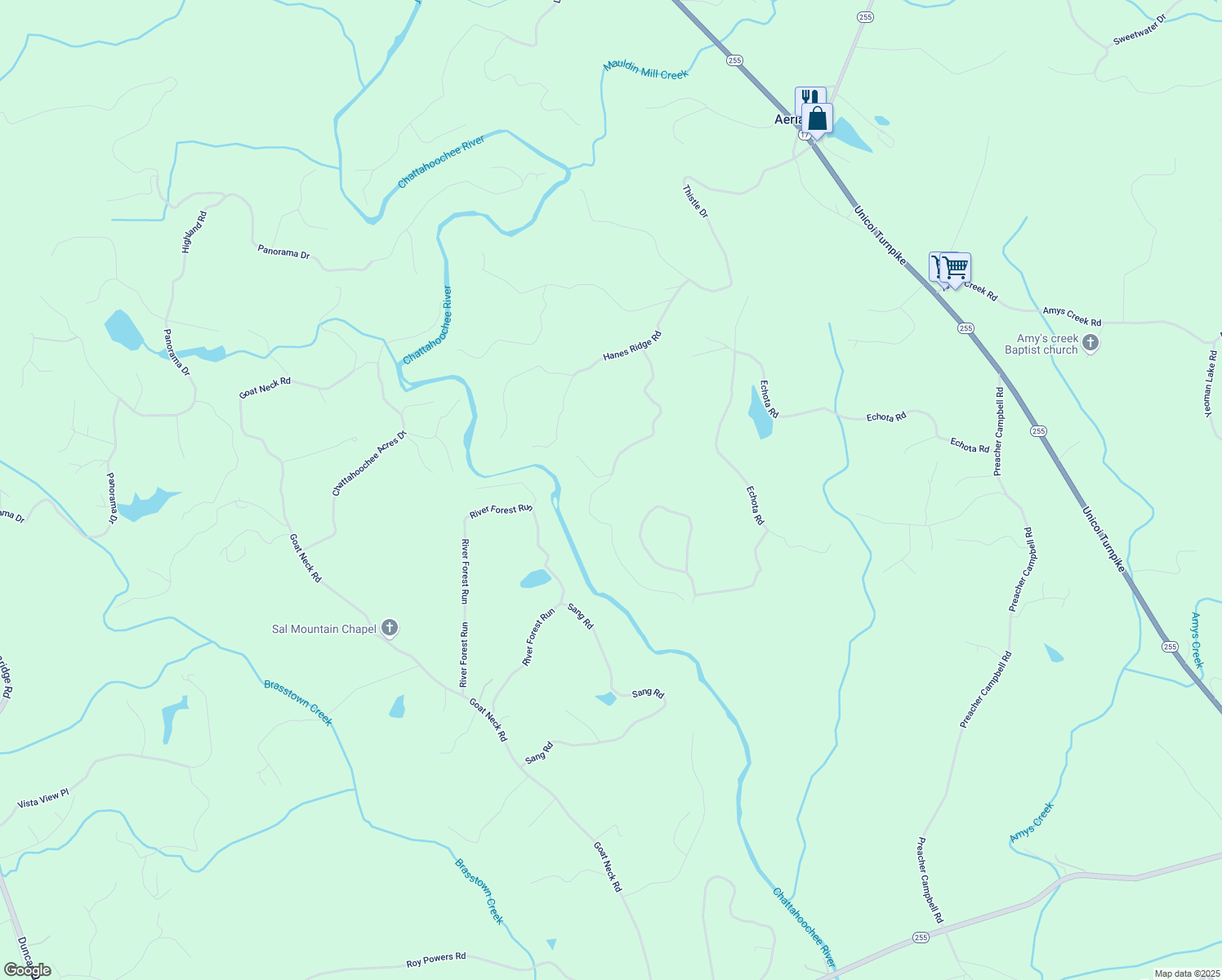 map of restaurants, bars, coffee shops, grocery stores, and more near 381 Chattahoochee Glen Road in Clarkesville
