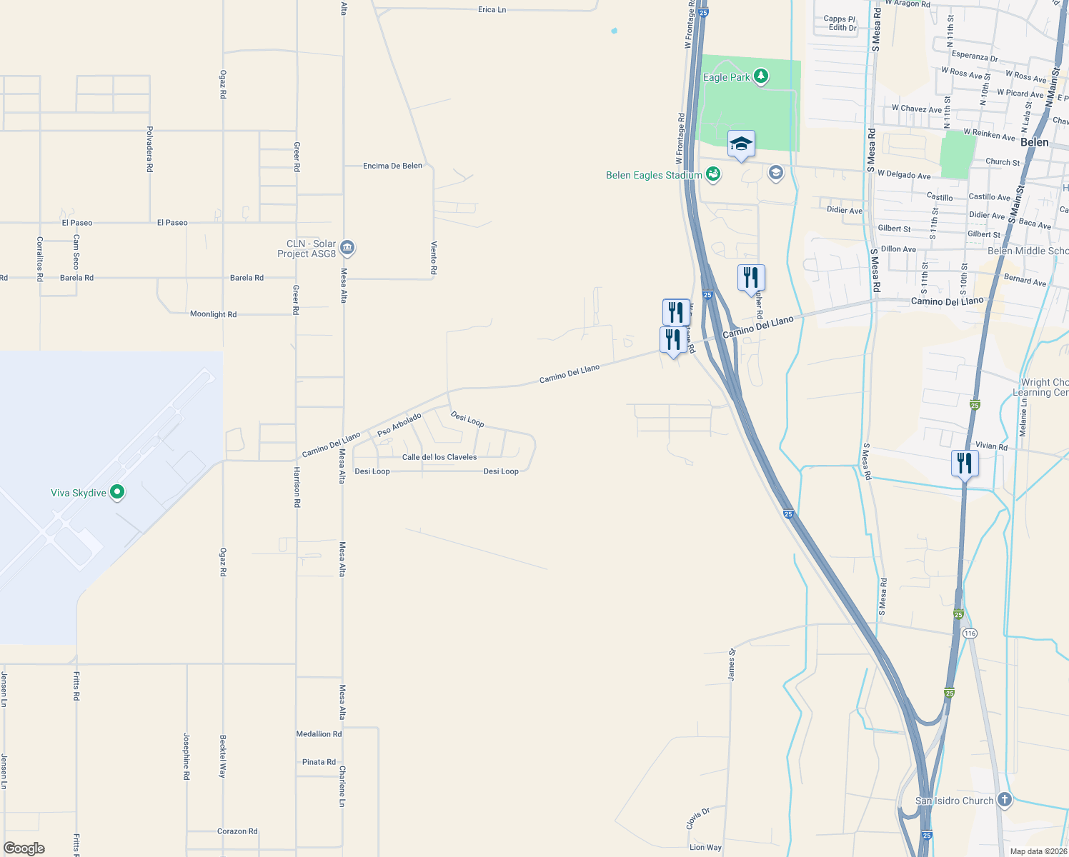 map of restaurants, bars, coffee shops, grocery stores, and more near 826 Desi Loop in Belen