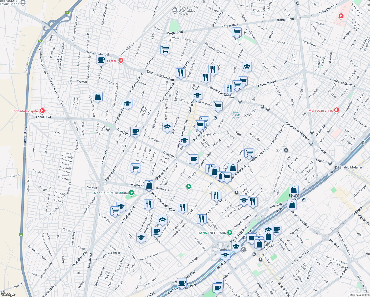 map of restaurants, bars, coffee shops, grocery stores, and more near Kashani Road in Qom