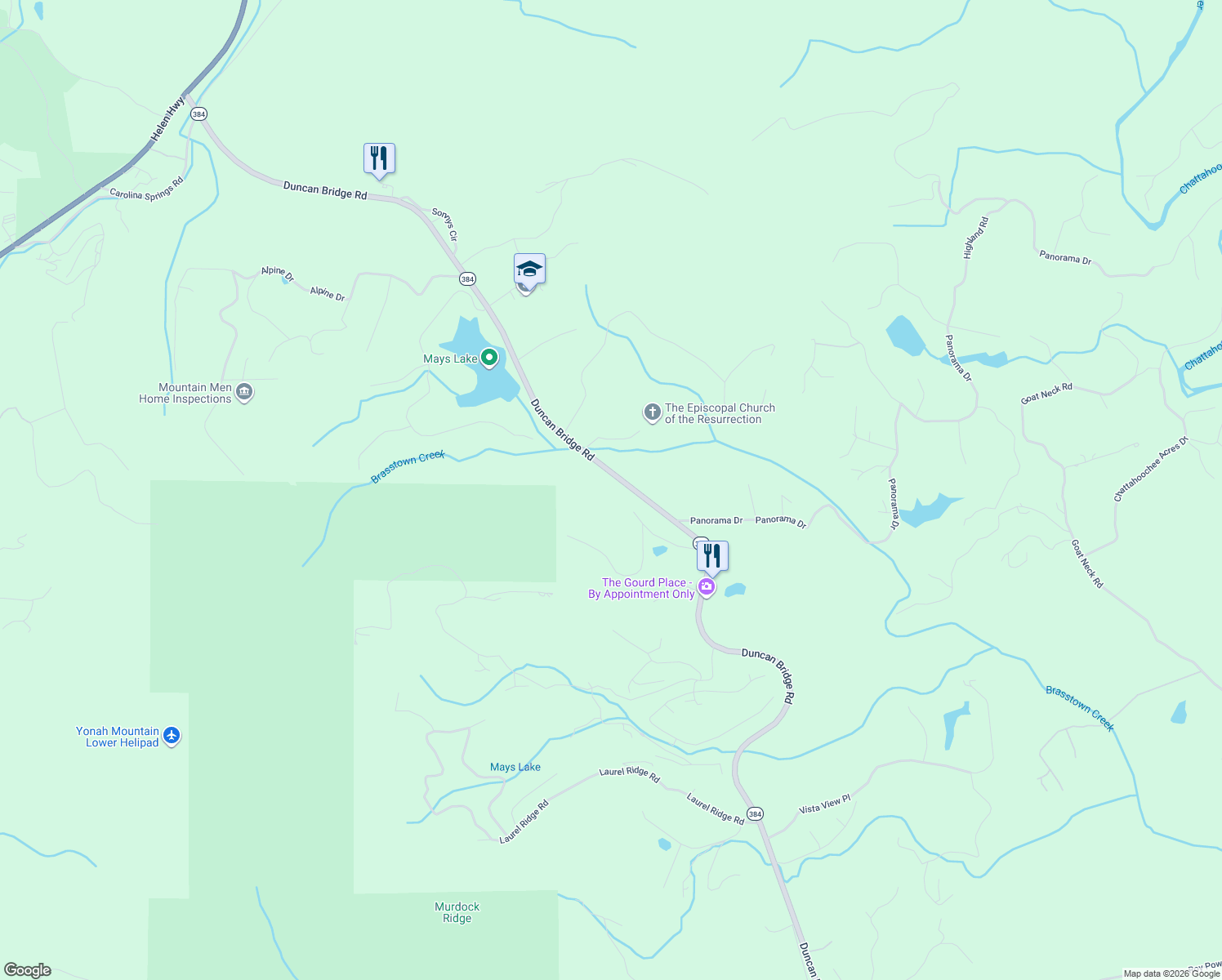 map of restaurants, bars, coffee shops, grocery stores, and more near 1832 Duncan Bridge Road in Sautee Nacoochee
