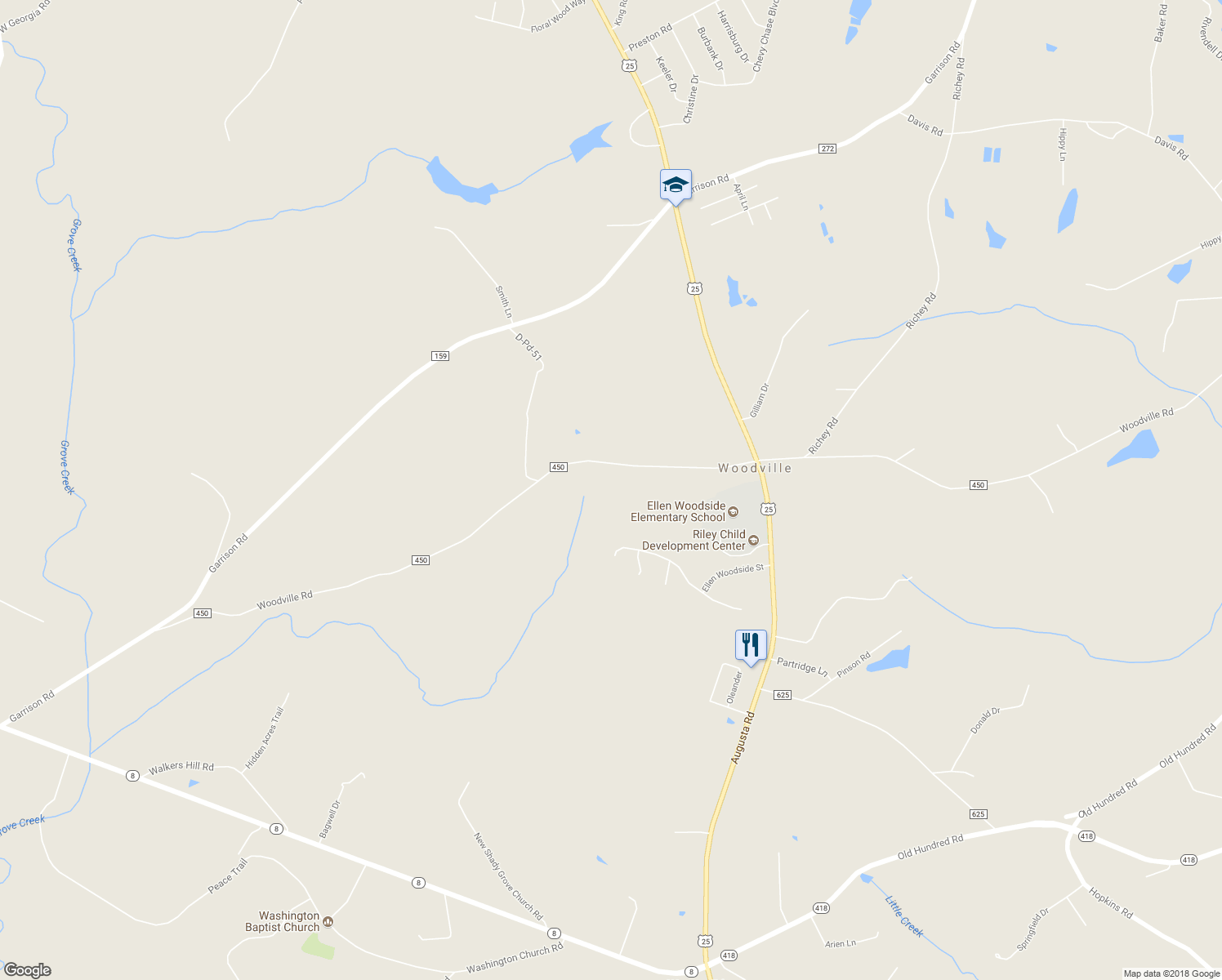 map of restaurants, bars, coffee shops, grocery stores, and more near 230 Woodville Road in Pelzer