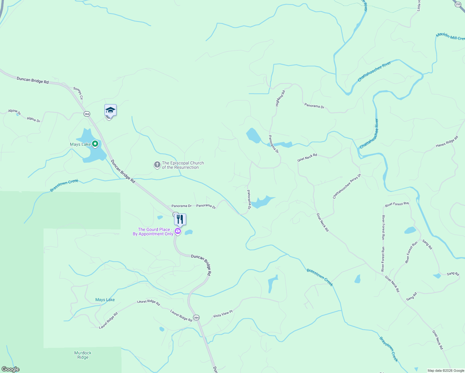 map of restaurants, bars, coffee shops, grocery stores, and more near 82 Couples Lane in Sautee Nacoochee