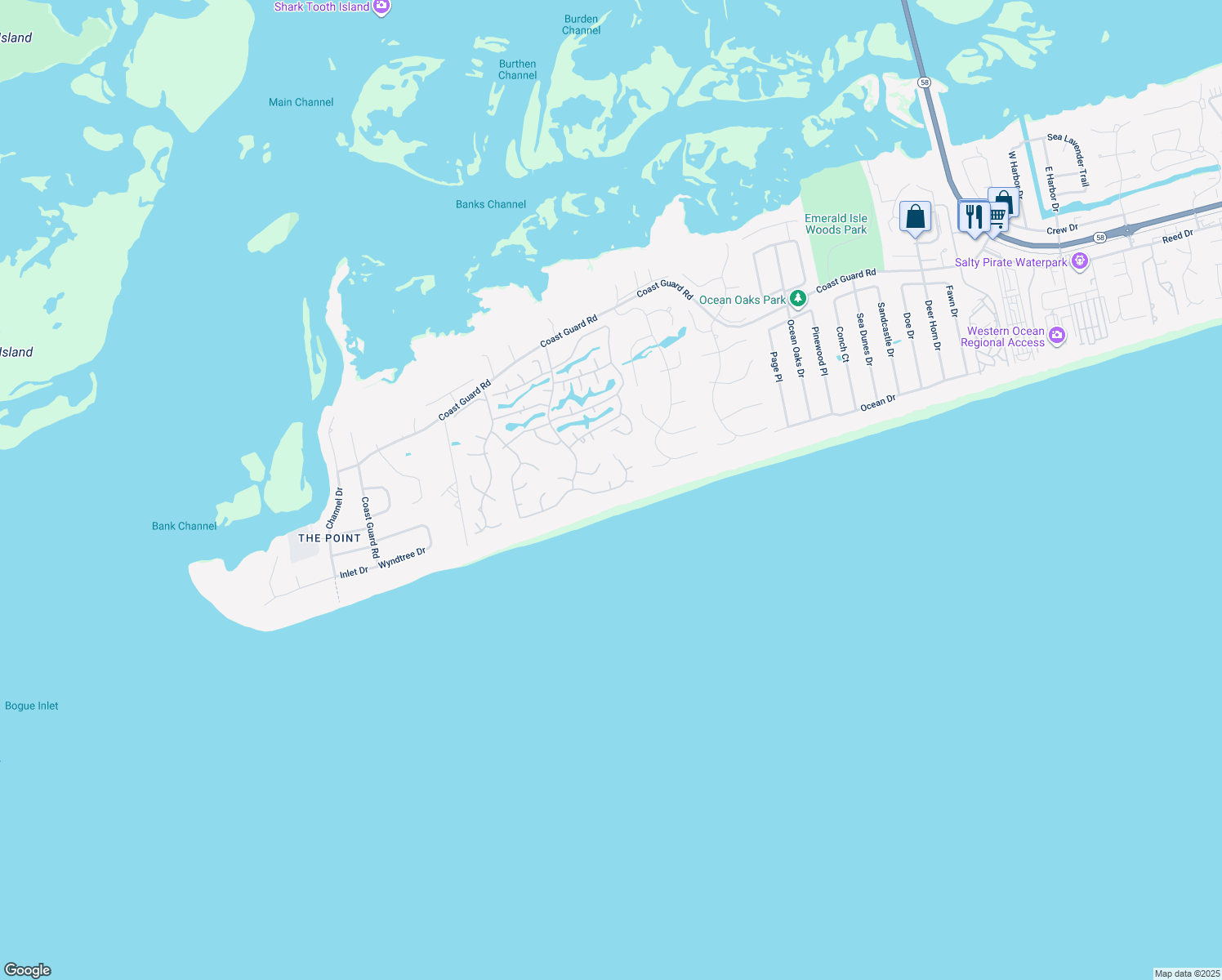 map of restaurants, bars, coffee shops, grocery stores, and more near 10025 Seabreeze Dr in Emerald Isle