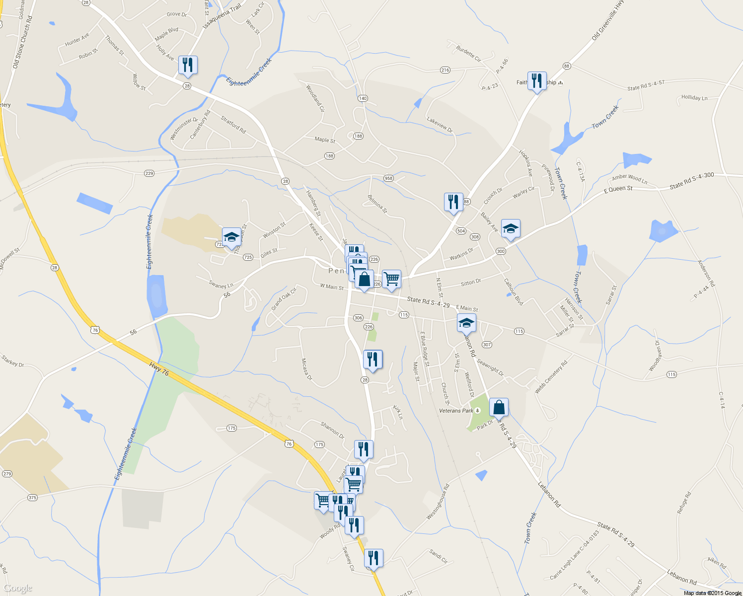 map of restaurants, bars, coffee shops, grocery stores, and more near 198 East Main Street in Pendleton