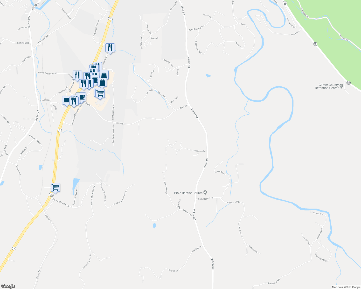 map of restaurants, bars, coffee shops, grocery stores, and more near Brumby Trail in Ellijay