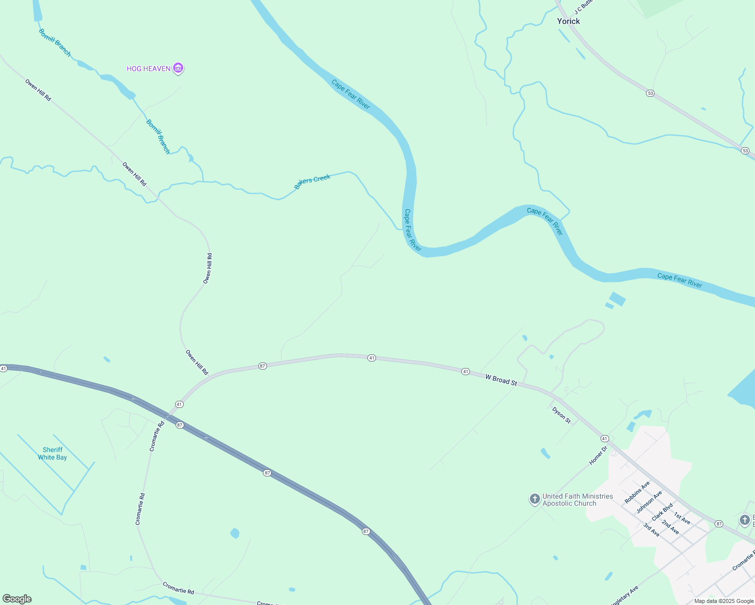map of restaurants, bars, coffee shops, grocery stores, and more near North Carolina 87 in Elizabethtown