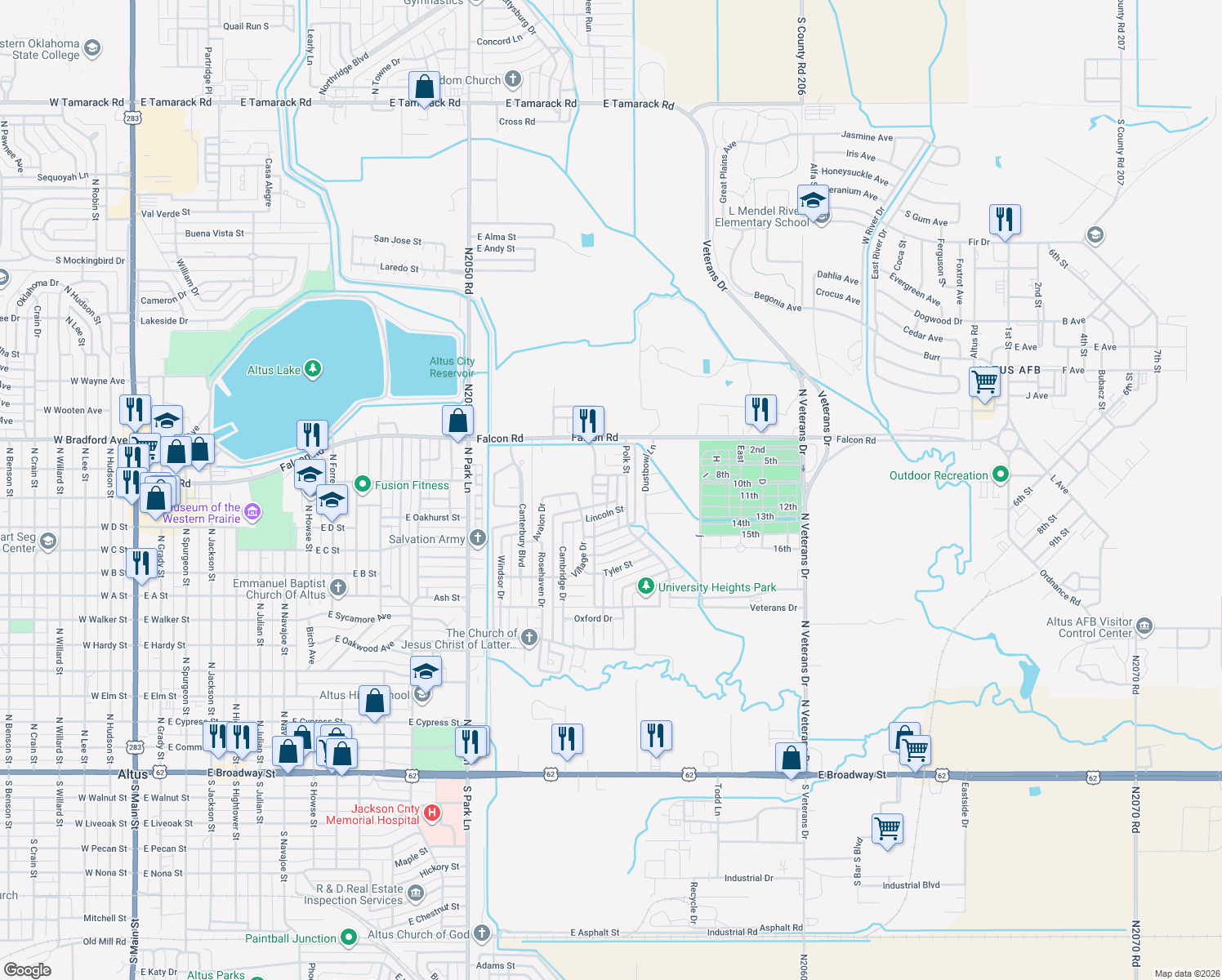 map of restaurants, bars, coffee shops, grocery stores, and more near 1300 Jefferson Street in Altus