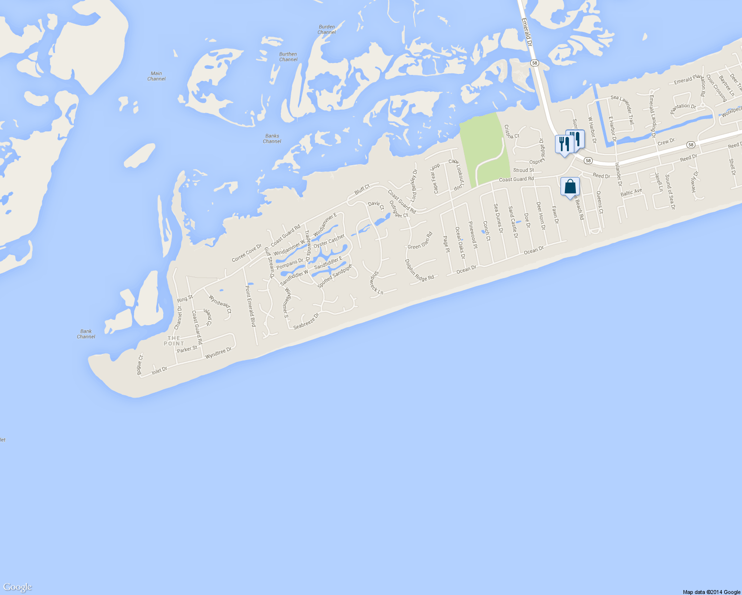 map of restaurants, bars, coffee shops, grocery stores, and more near 9937 Louise Howard Ct in Emerald Isle