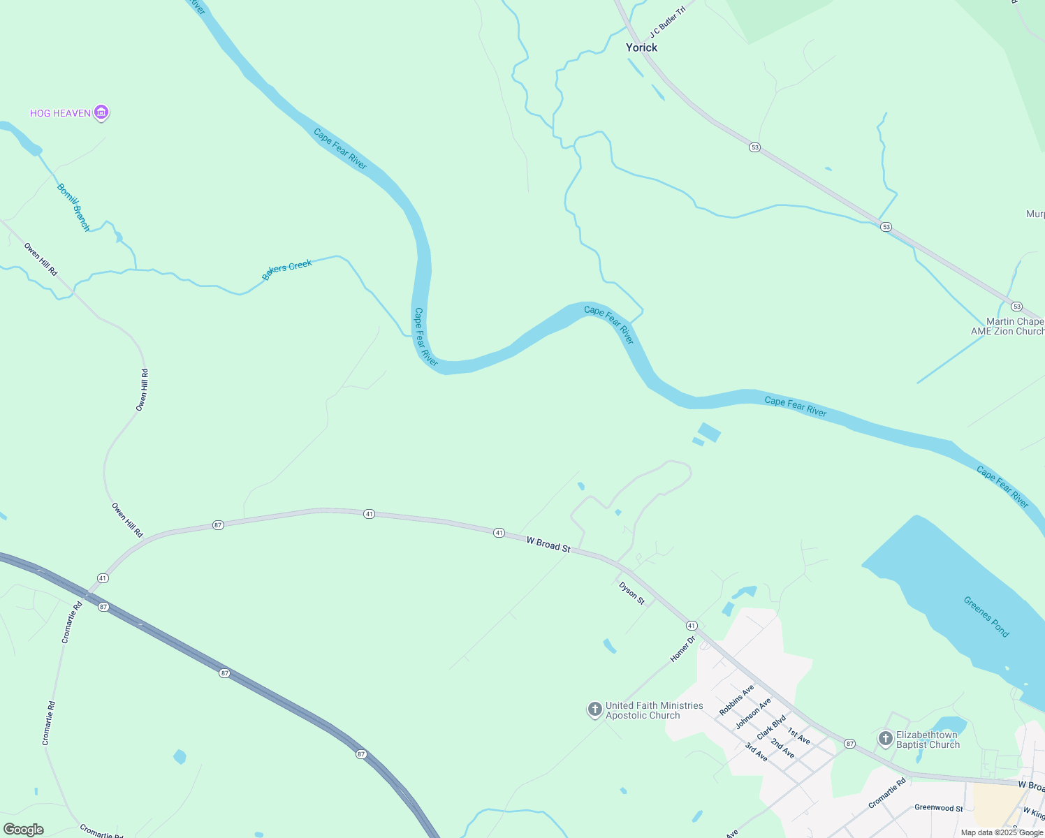 map of restaurants, bars, coffee shops, grocery stores, and more near North Carolina 87 in Elizabethtown