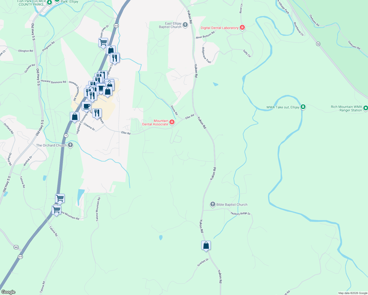 map of restaurants, bars, coffee shops, grocery stores, and more near Brumby Trail in Ellijay