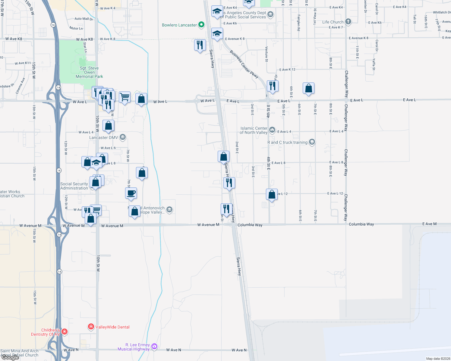 map of restaurants, bars, coffee shops, grocery stores, and more near 42251 Sierra Highway in Lancaster