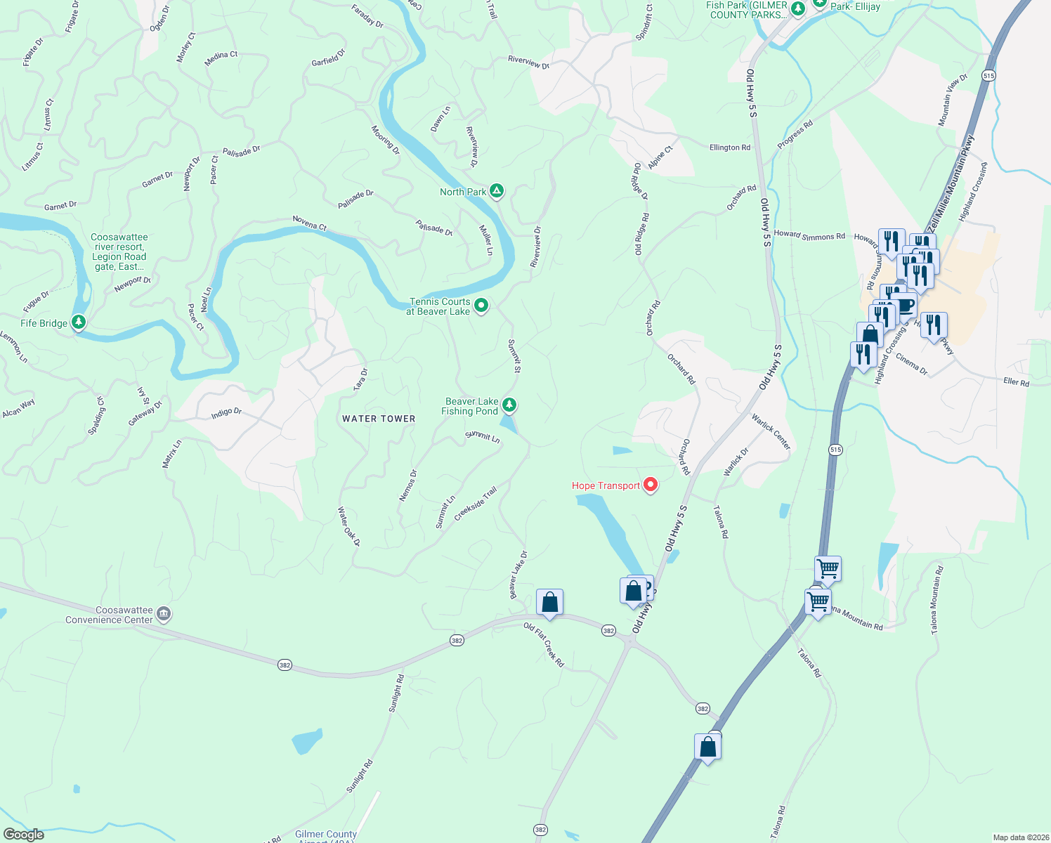 map of restaurants, bars, coffee shops, grocery stores, and more near 794 Beaver Lake Drive in Ellijay