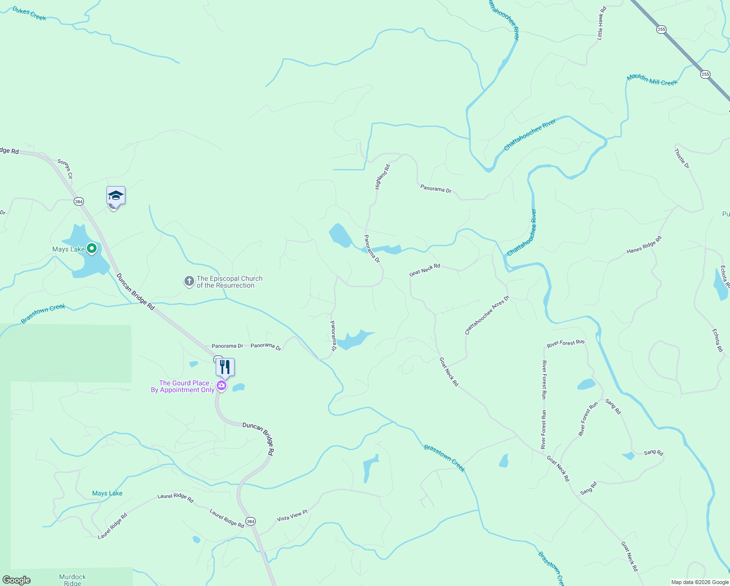 map of restaurants, bars, coffee shops, grocery stores, and more near 1296 Panorama Drive in Sautee Nacoochee
