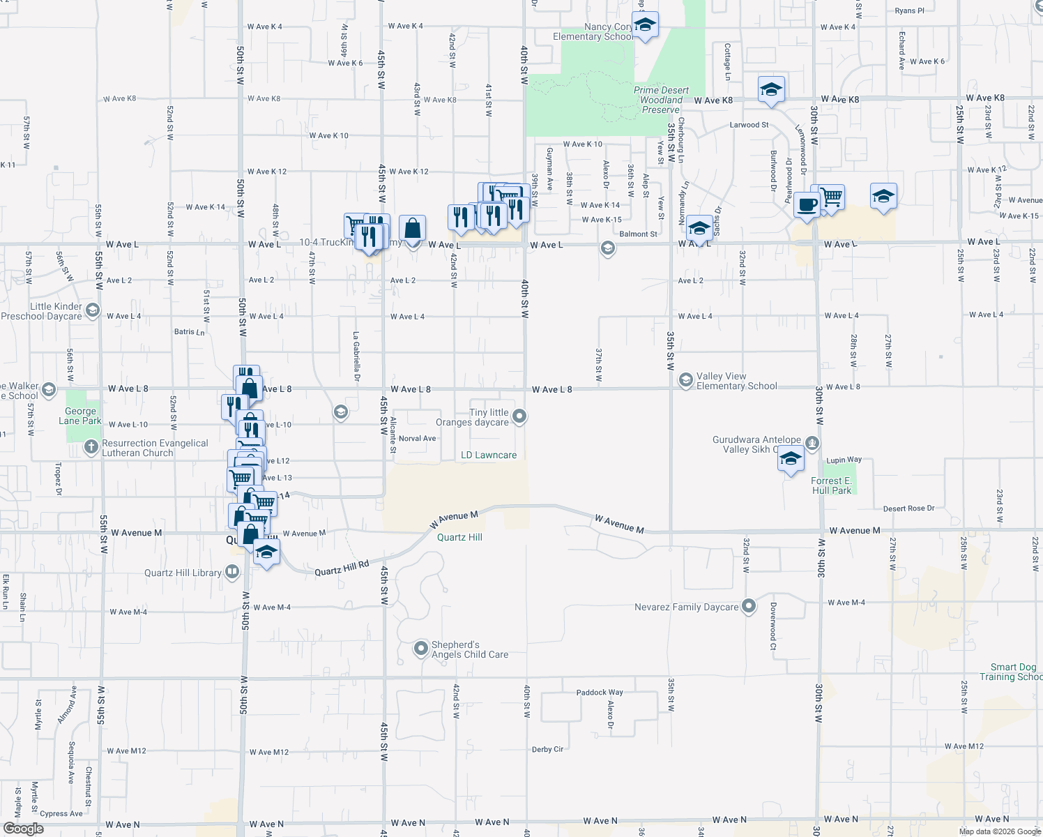 map of restaurants, bars, coffee shops, grocery stores, and more near 4005 Vancouver Lane in Quartz Hill