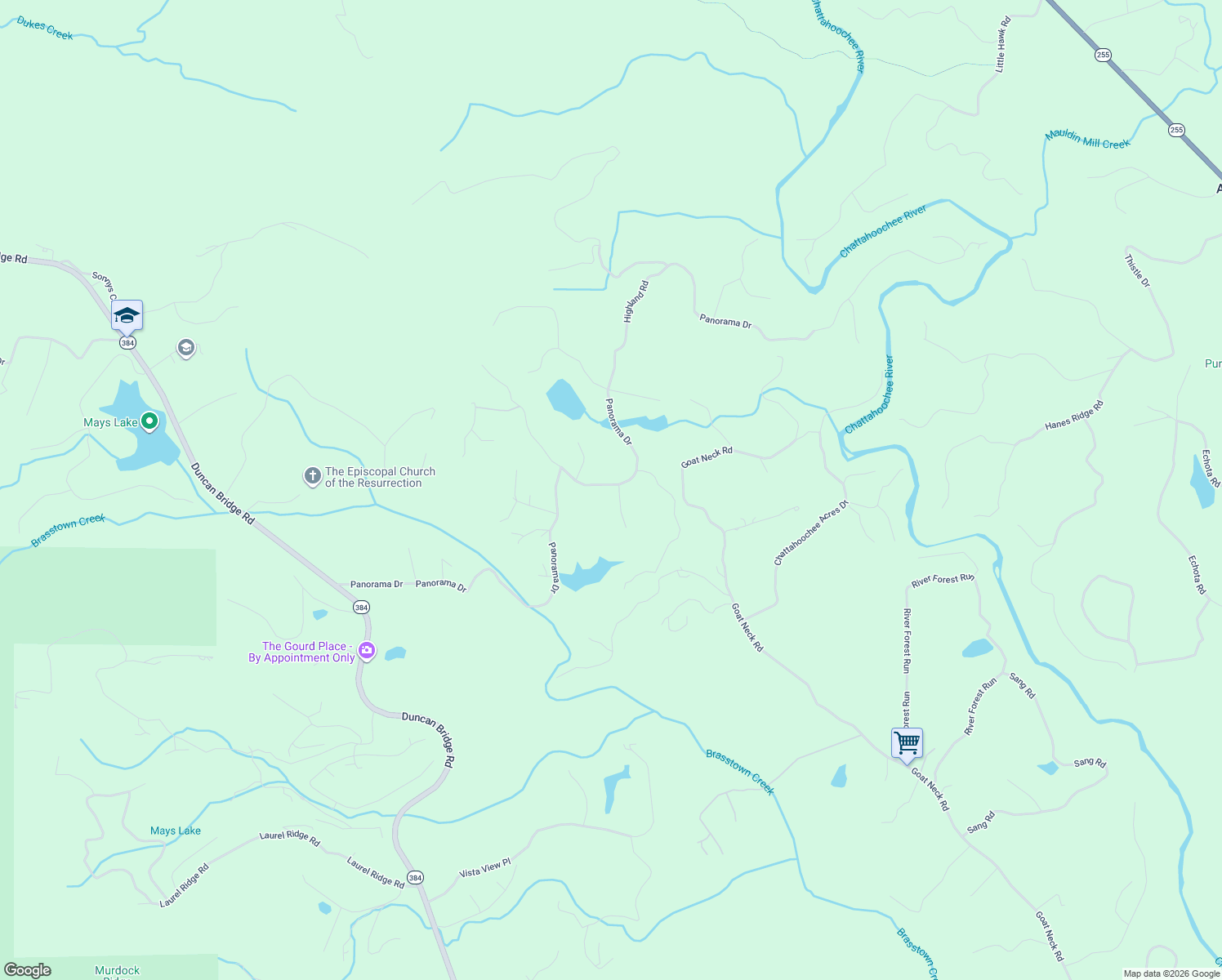 map of restaurants, bars, coffee shops, grocery stores, and more near 1296 Panorama Drive in Sautee Nacoochee