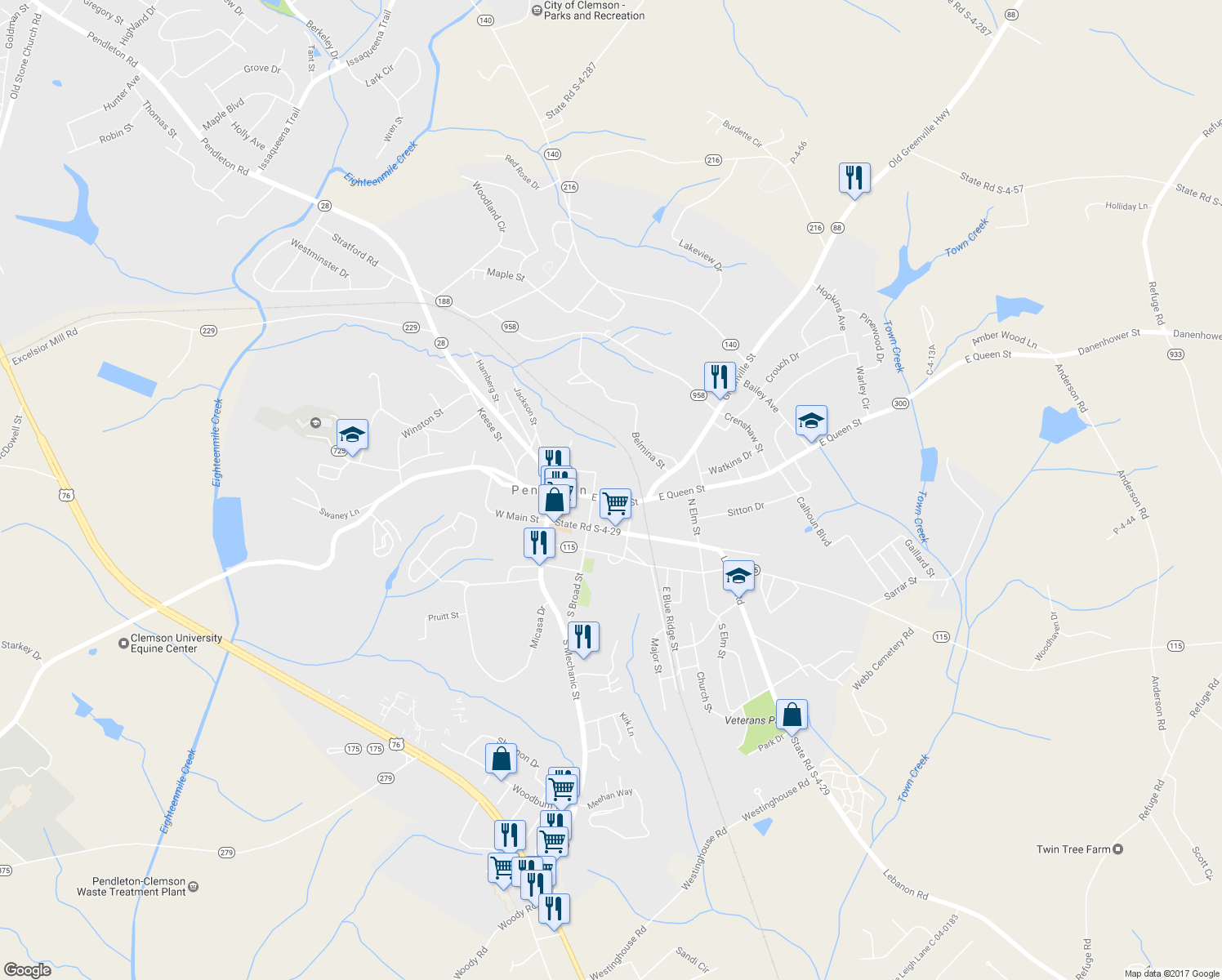 map of restaurants, bars, coffee shops, grocery stores, and more near 229 East Queen Street in Pendleton