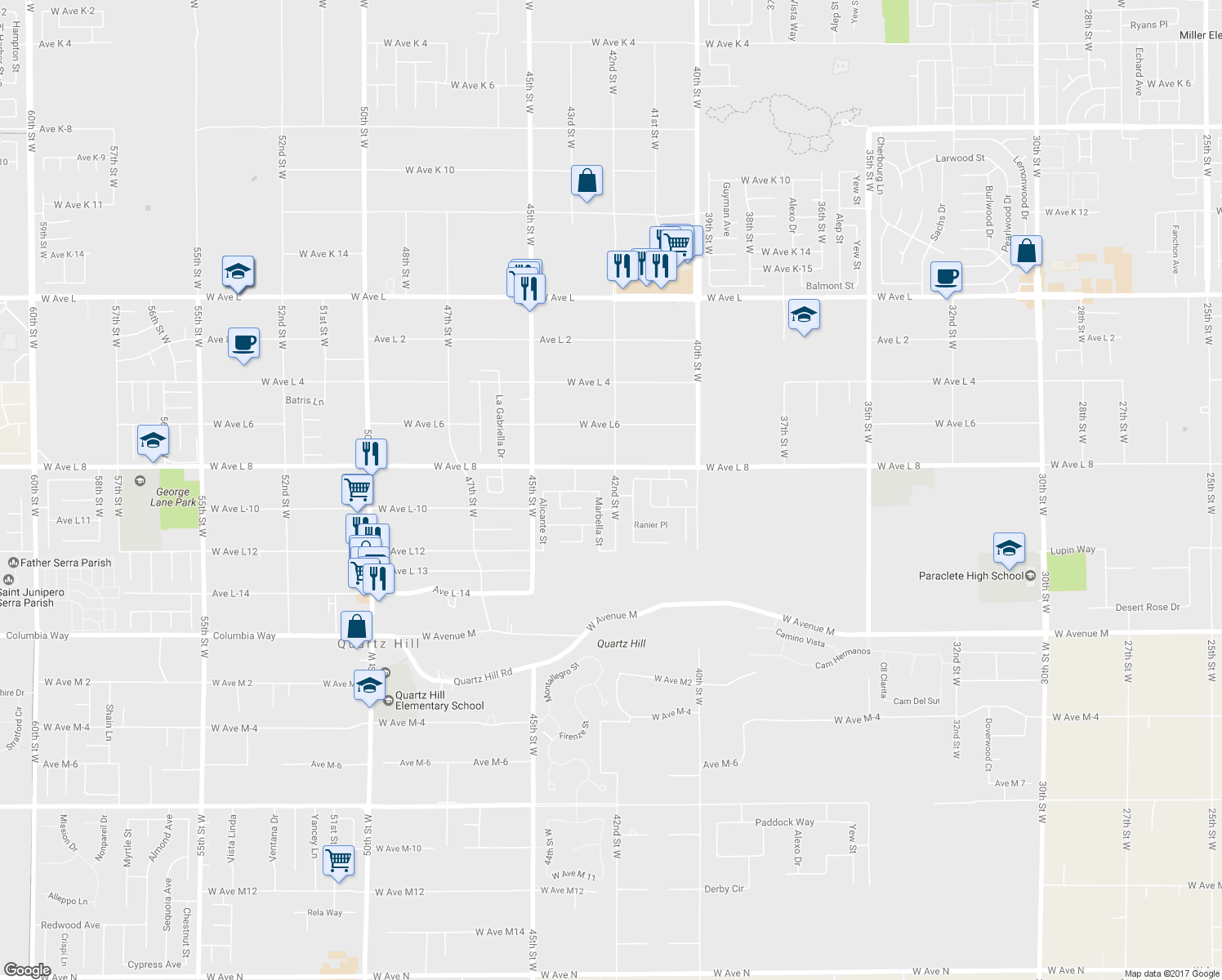 map of restaurants, bars, coffee shops, grocery stores, and more near 42327 42nd Street West in Quartz Hill