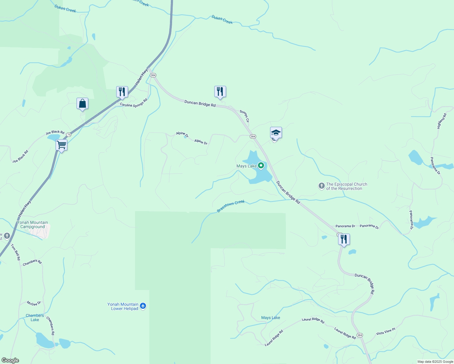map of restaurants, bars, coffee shops, grocery stores, and more near 562 Yonah Lake Drive in Sautee Nacoochee