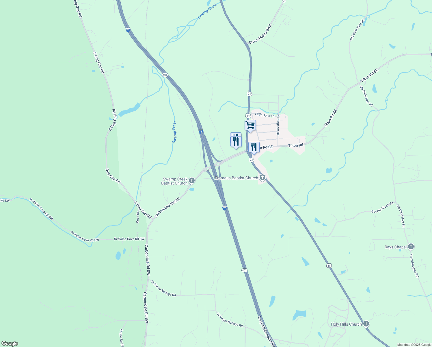 map of restaurants, bars, coffee shops, grocery stores, and more near Larry McDonald Memorial Hwy in Dalton