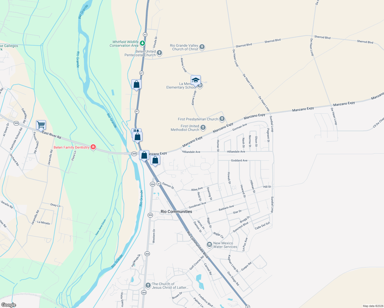 map of restaurants, bars, coffee shops, grocery stores, and more near 209 Hillandale Avenue in Belen