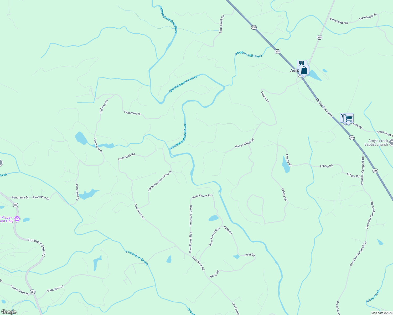 map of restaurants, bars, coffee shops, grocery stores, and more near 505 River Ridge Road in Clarkesville