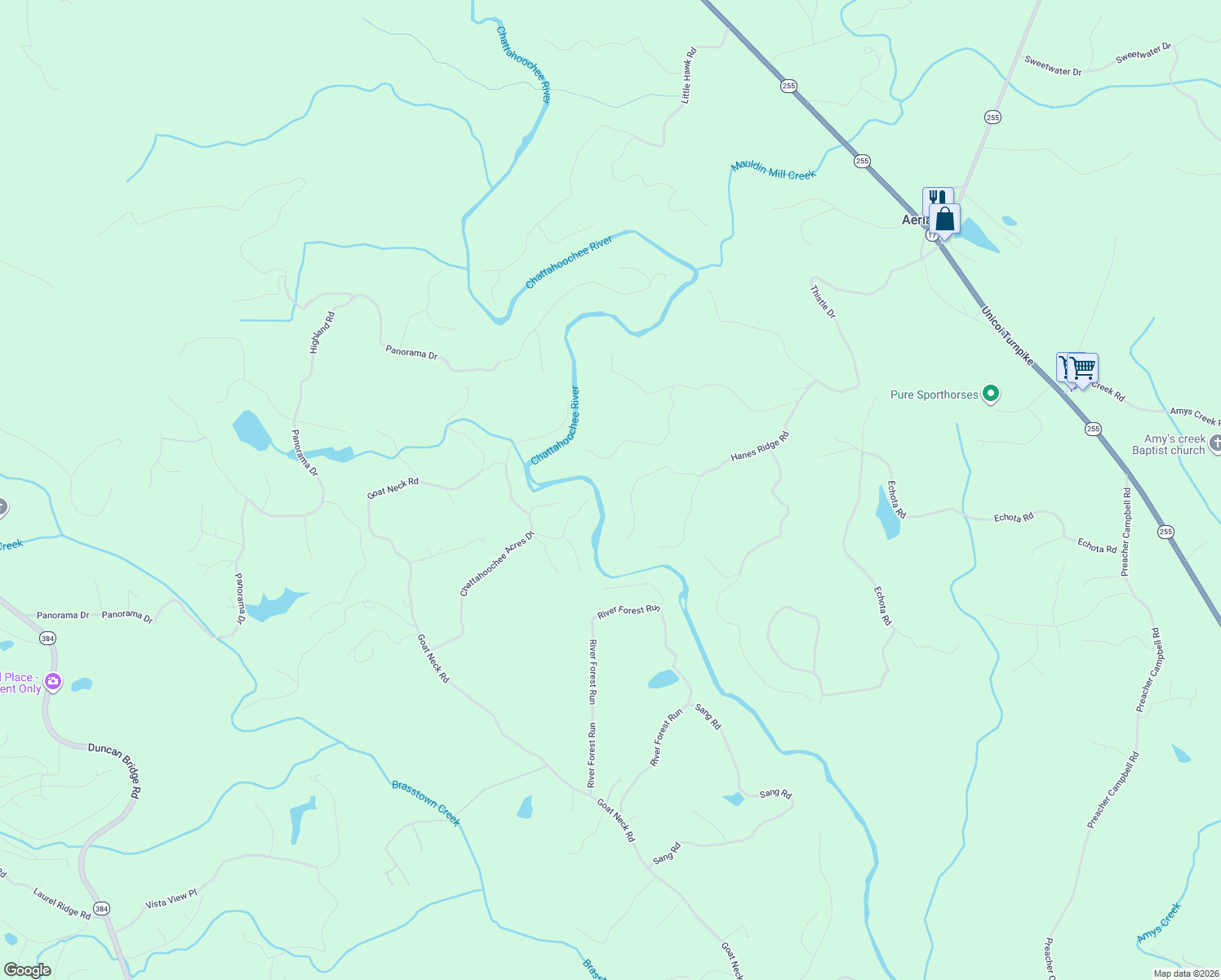 map of restaurants, bars, coffee shops, grocery stores, and more near 505 River Ridge Road in Clarkesville