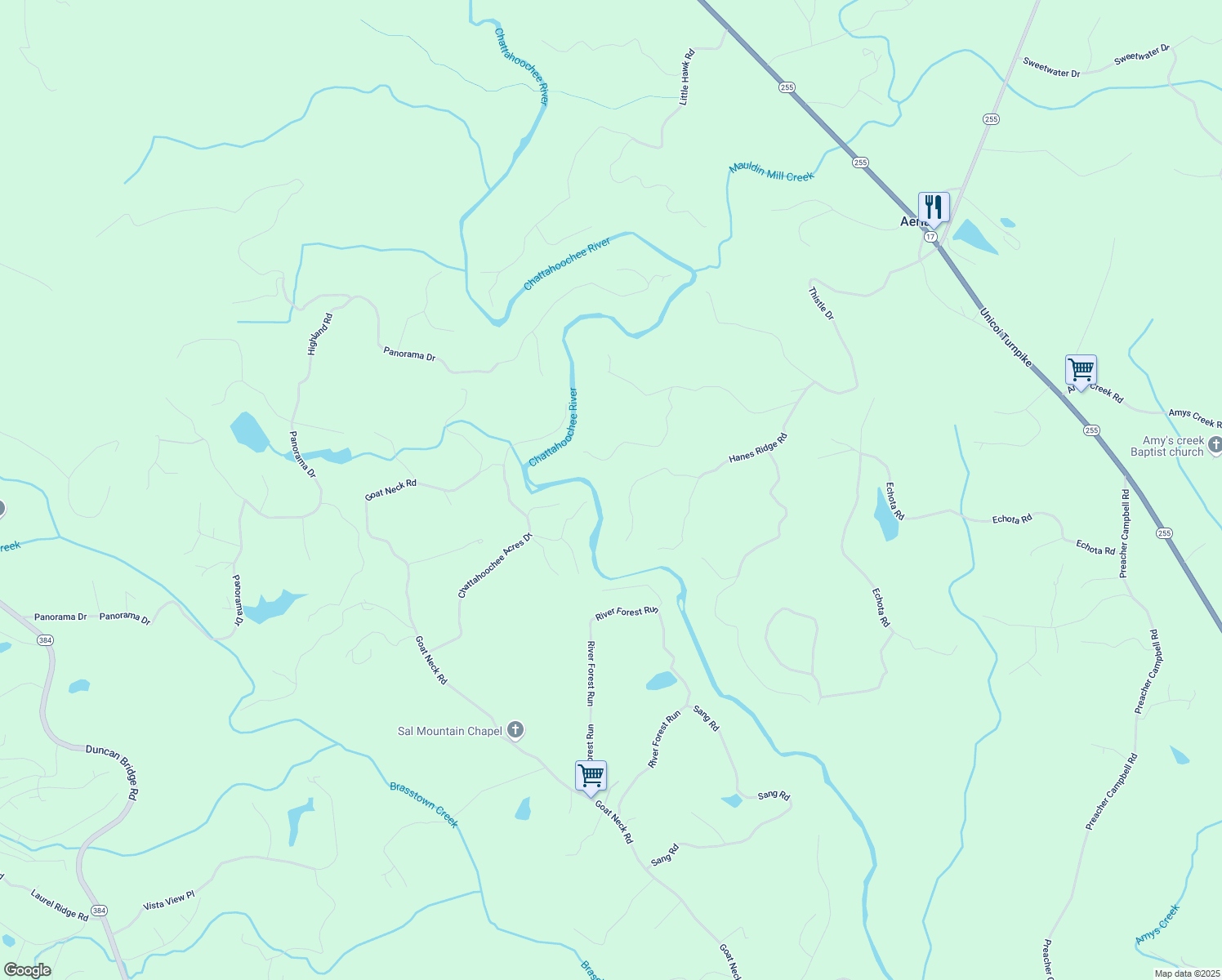 map of restaurants, bars, coffee shops, grocery stores, and more near 505 River Ridge Road in Clarkesville