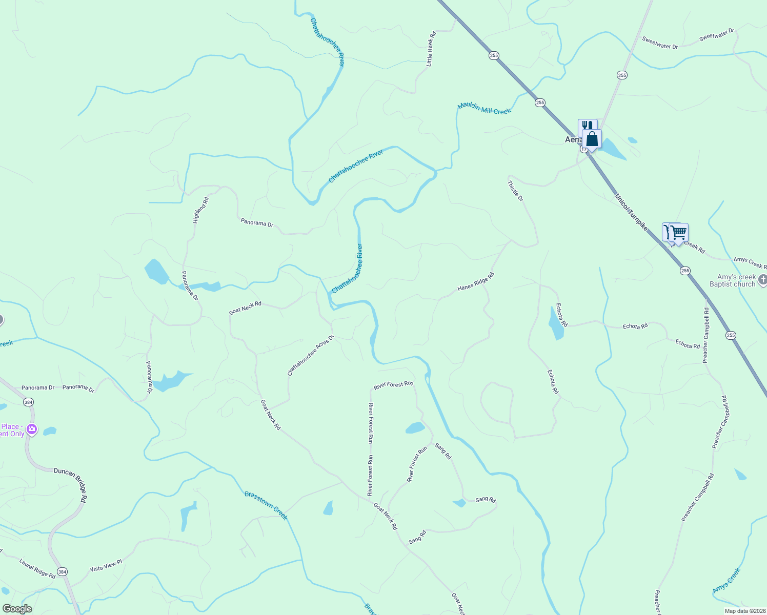 map of restaurants, bars, coffee shops, grocery stores, and more near 505 River Ridge Road in Clarkesville
