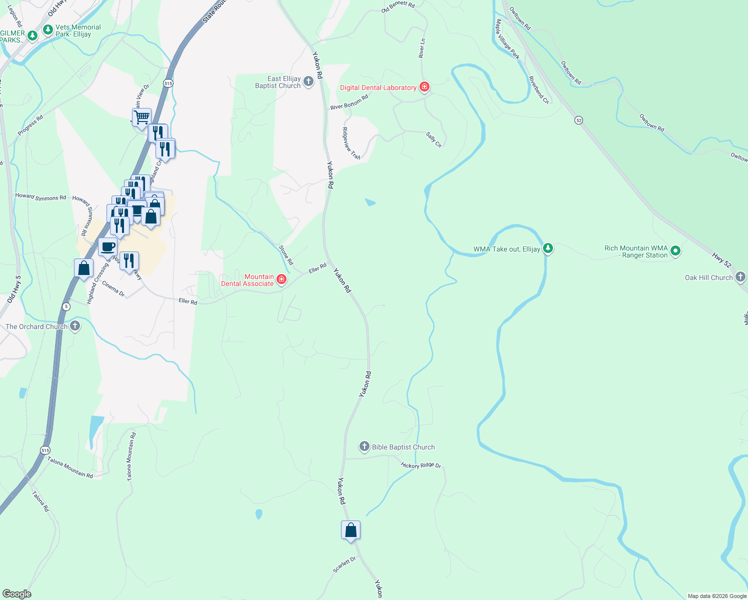 map of restaurants, bars, coffee shops, grocery stores, and more near 1837 Yukon Road in Ellijay