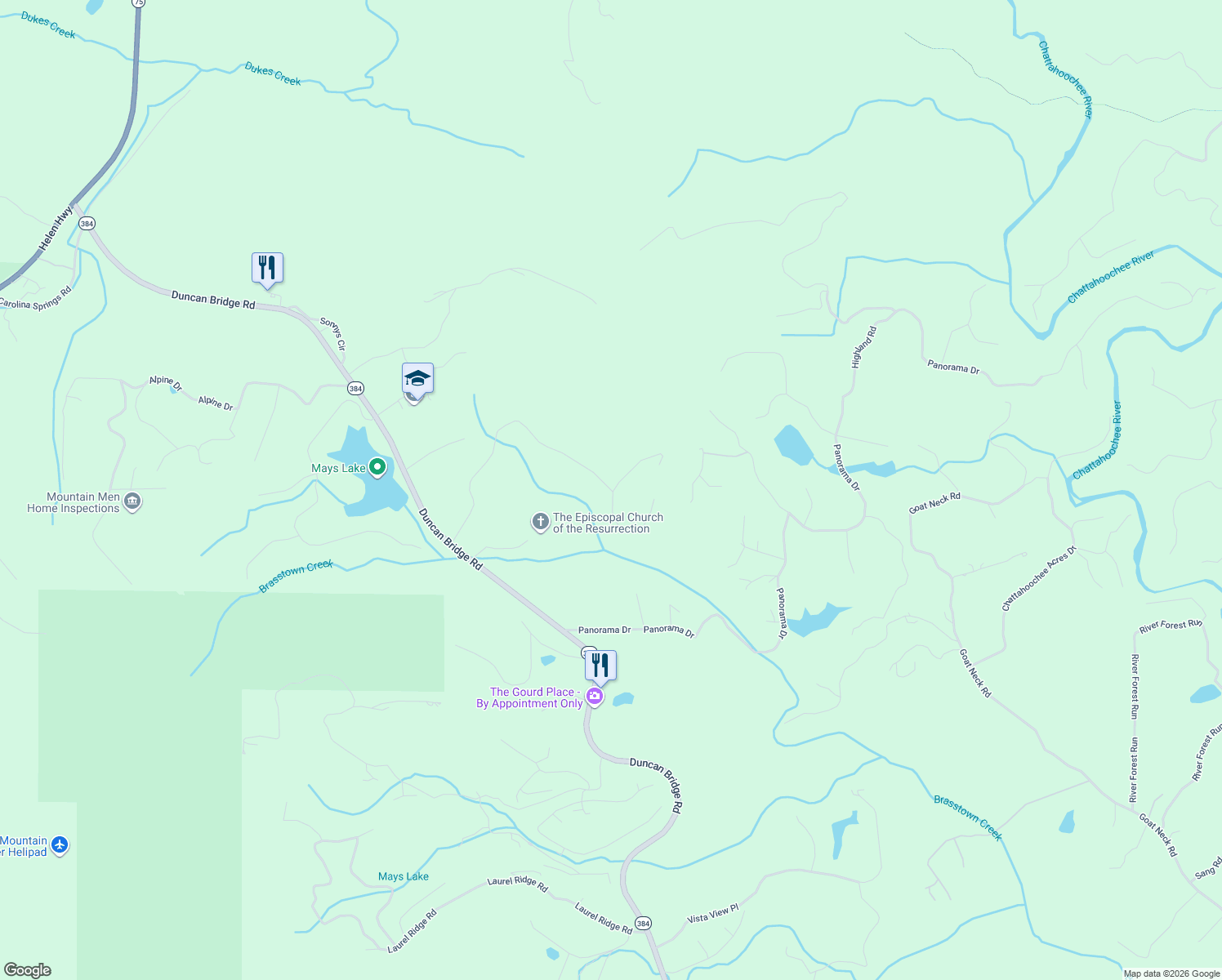 map of restaurants, bars, coffee shops, grocery stores, and more near 876 Bakers Fiord in Sautee Nacoochee