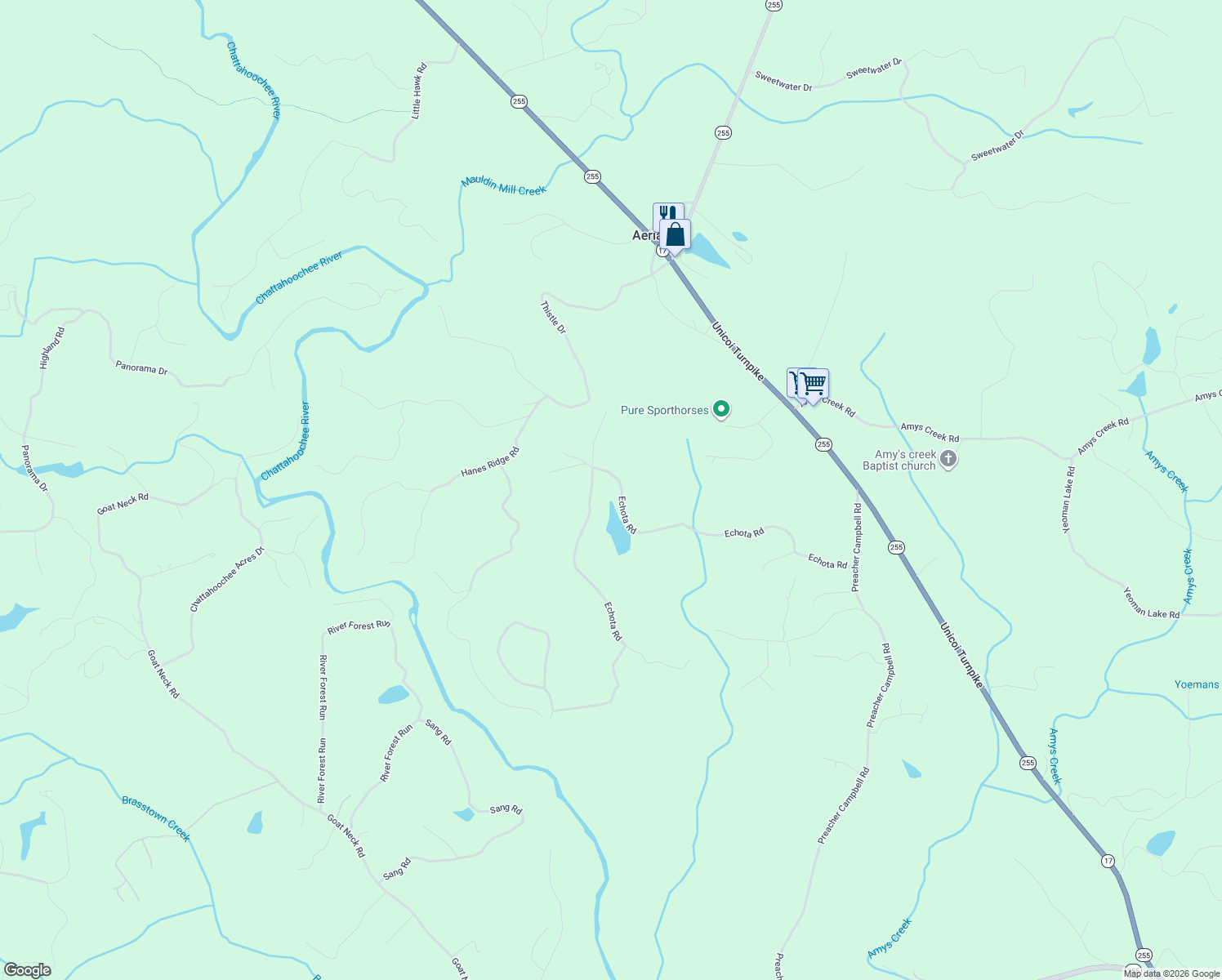 map of restaurants, bars, coffee shops, grocery stores, and more near 1048 Echota Road in Clarkesville