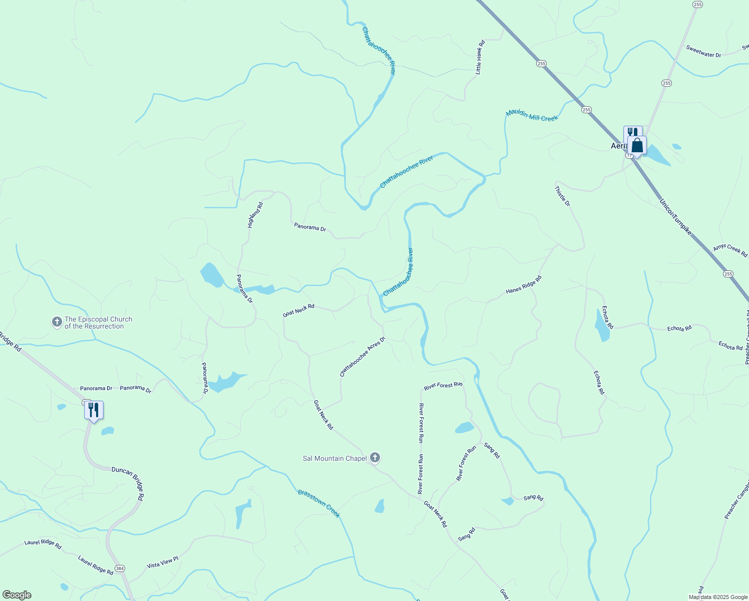 map of restaurants, bars, coffee shops, grocery stores, and more near 730 Chattahoochee Acres Drive in Cleveland