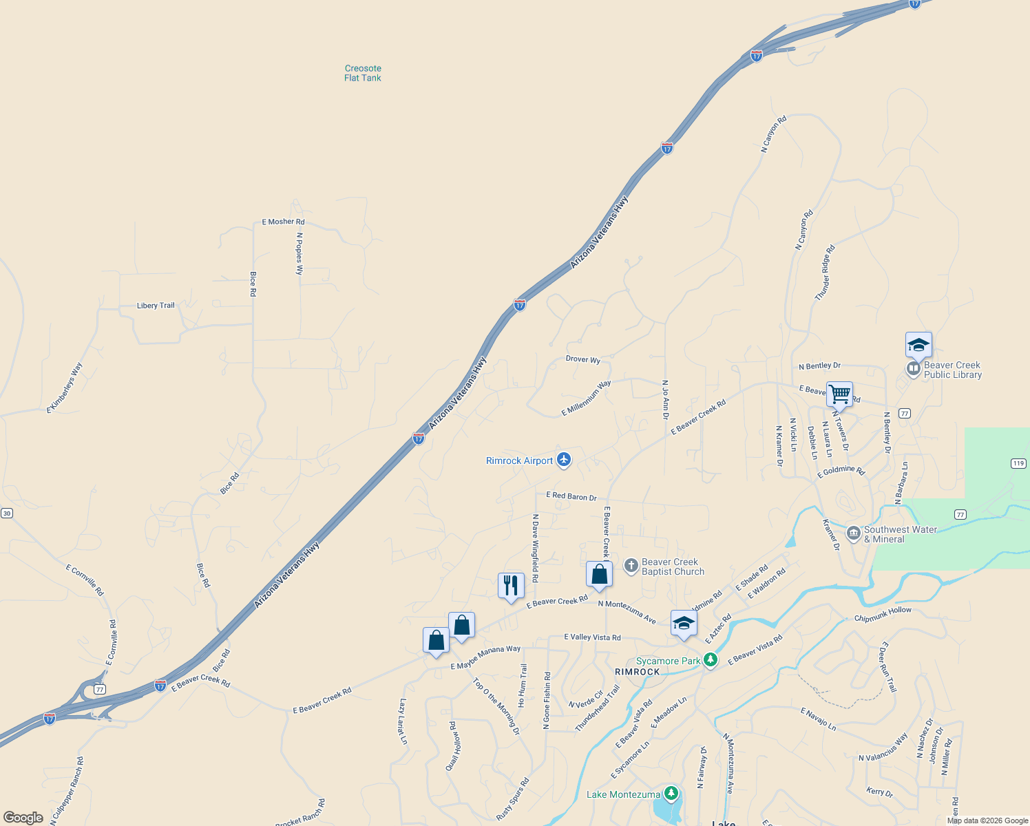 map of restaurants, bars, coffee shops, grocery stores, and more near 3470 Airport Drive in Lake Montezuma