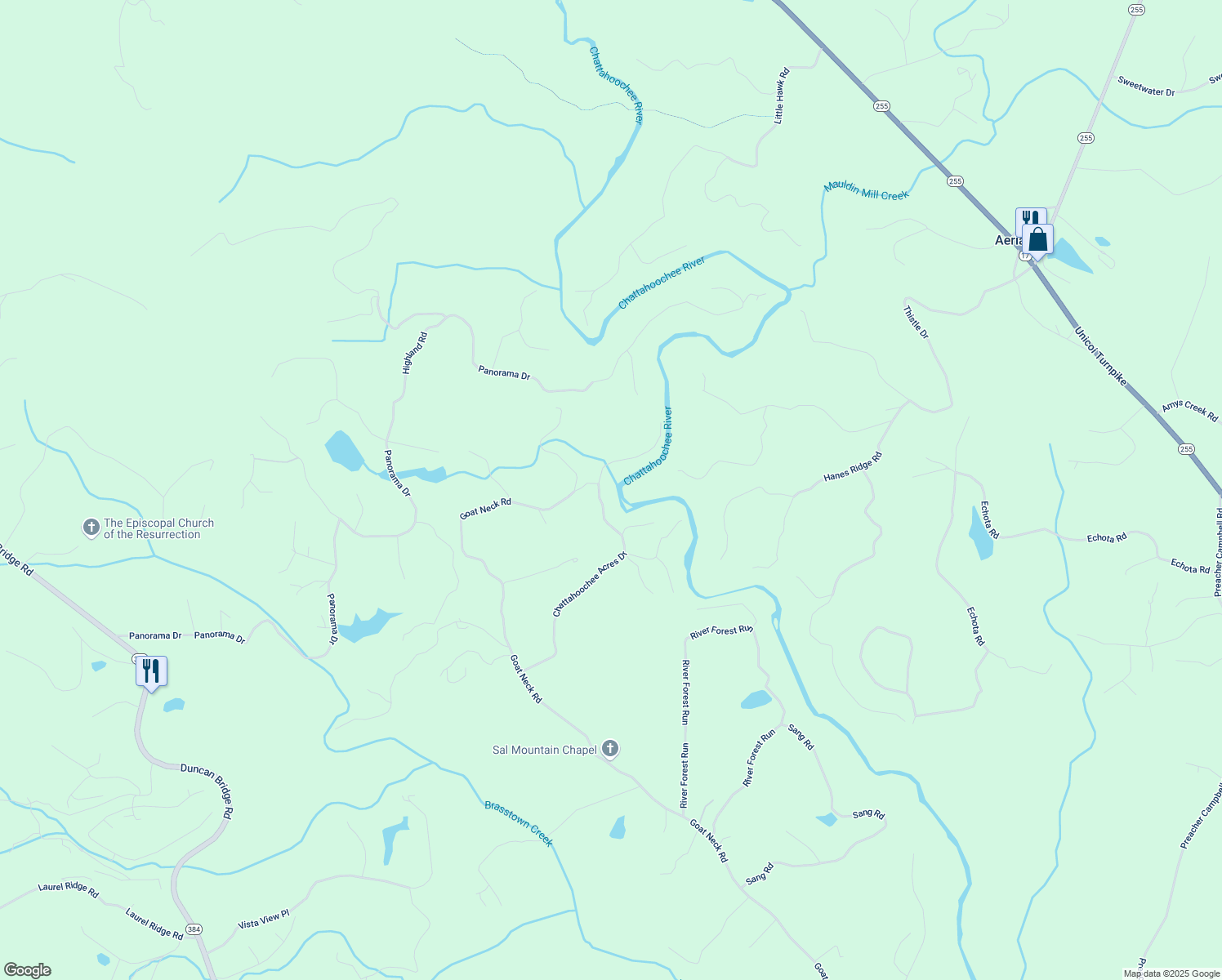 map of restaurants, bars, coffee shops, grocery stores, and more near 730 Chattahoochee Acres Drive in Cleveland