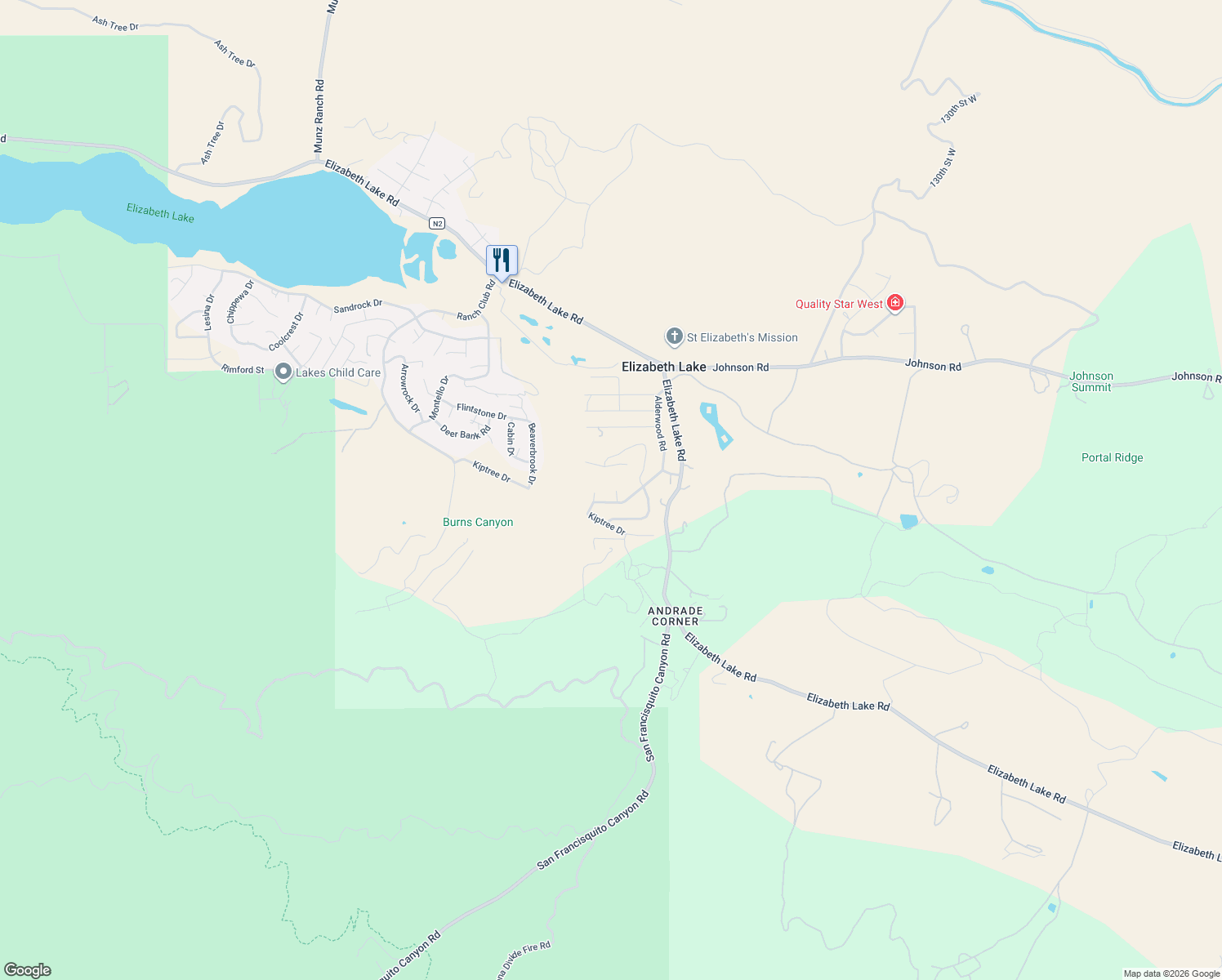 map of restaurants, bars, coffee shops, grocery stores, and more near 42607 Cutwood Road in Lake Hughes