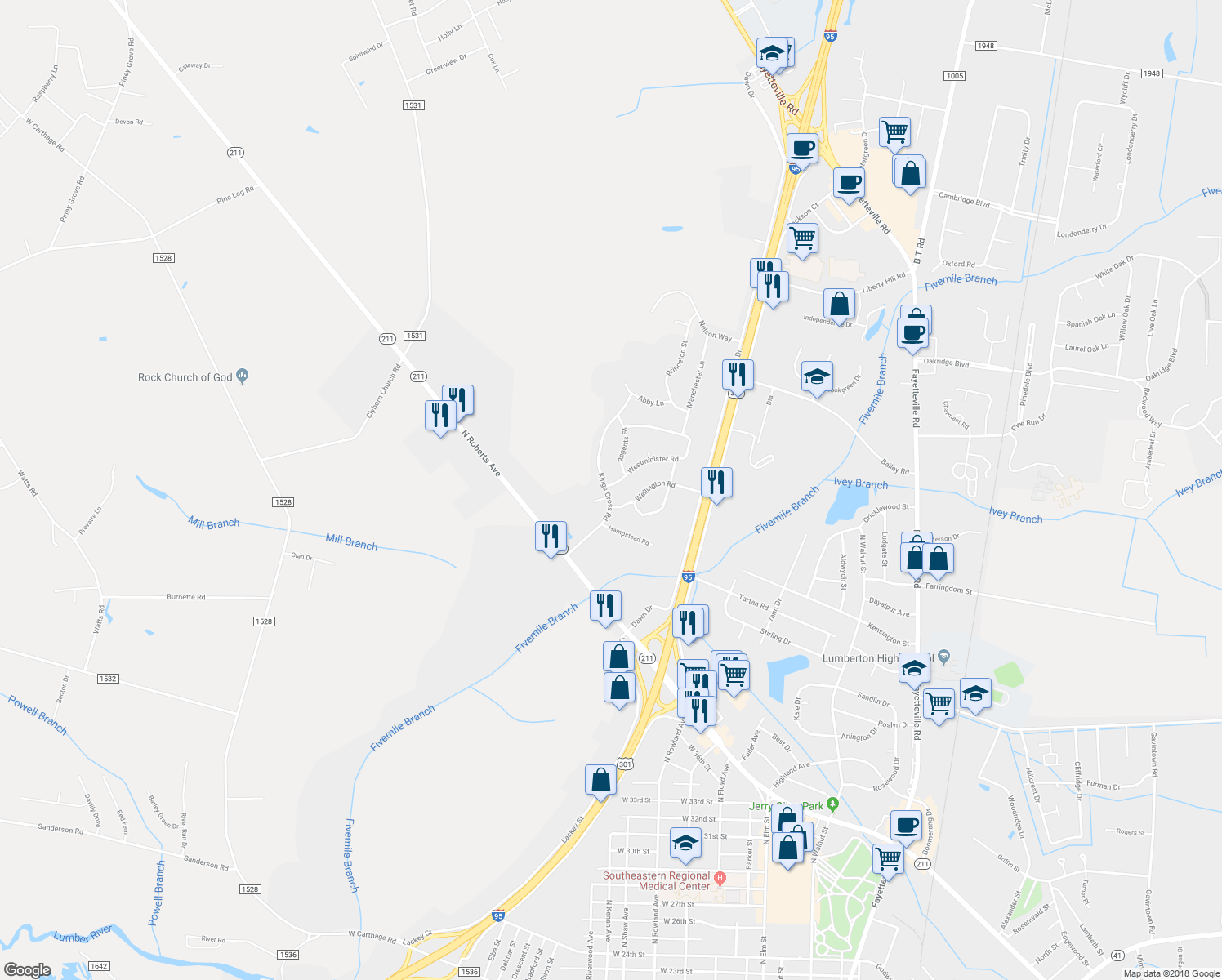 map of restaurants, bars, coffee shops, grocery stores, and more near 3815 Kings Cross Road in Lumberton